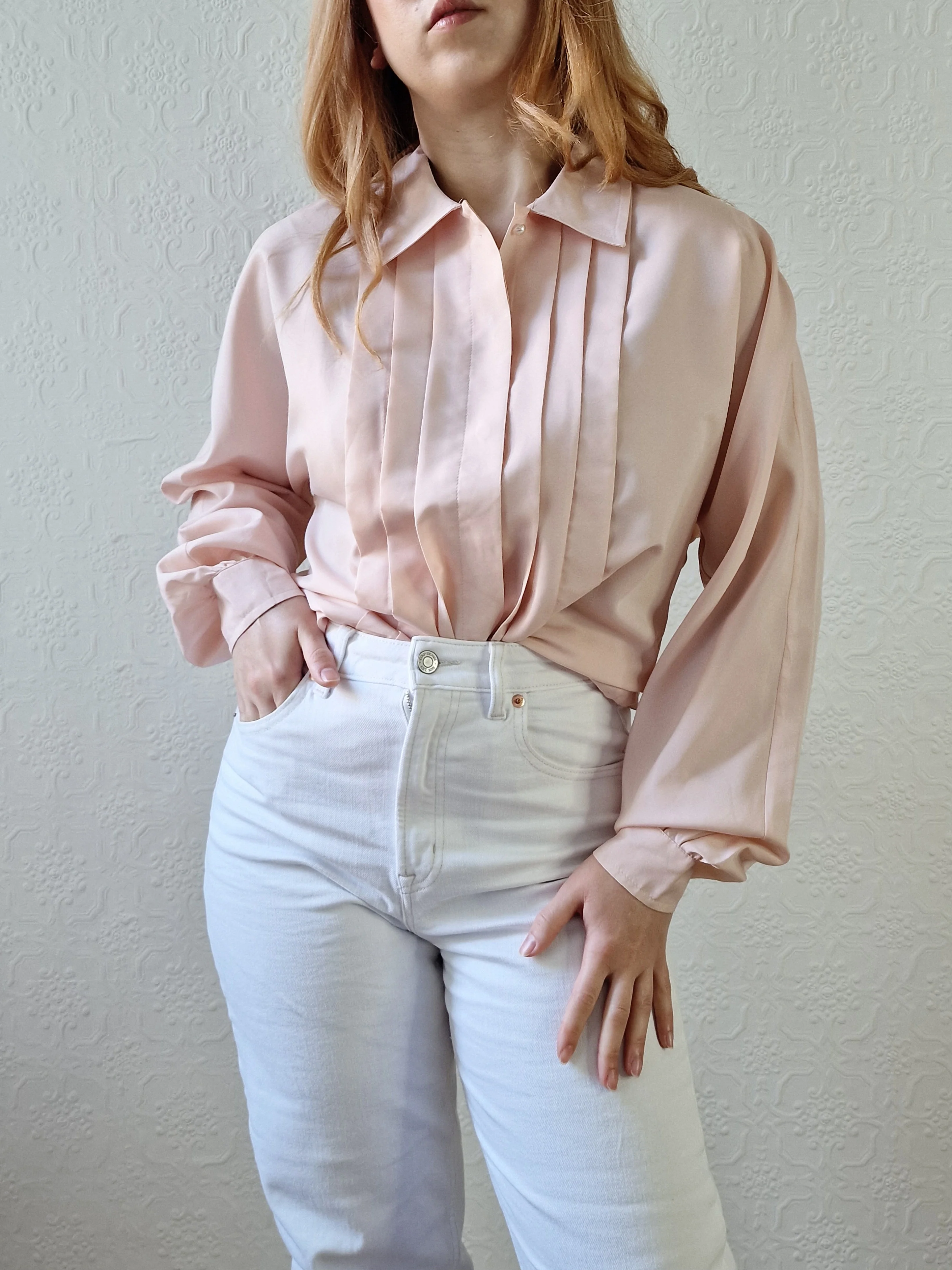 Vintage 80s Light Pink Long Sleeve Blouse With Pleating - S/M - Image 5