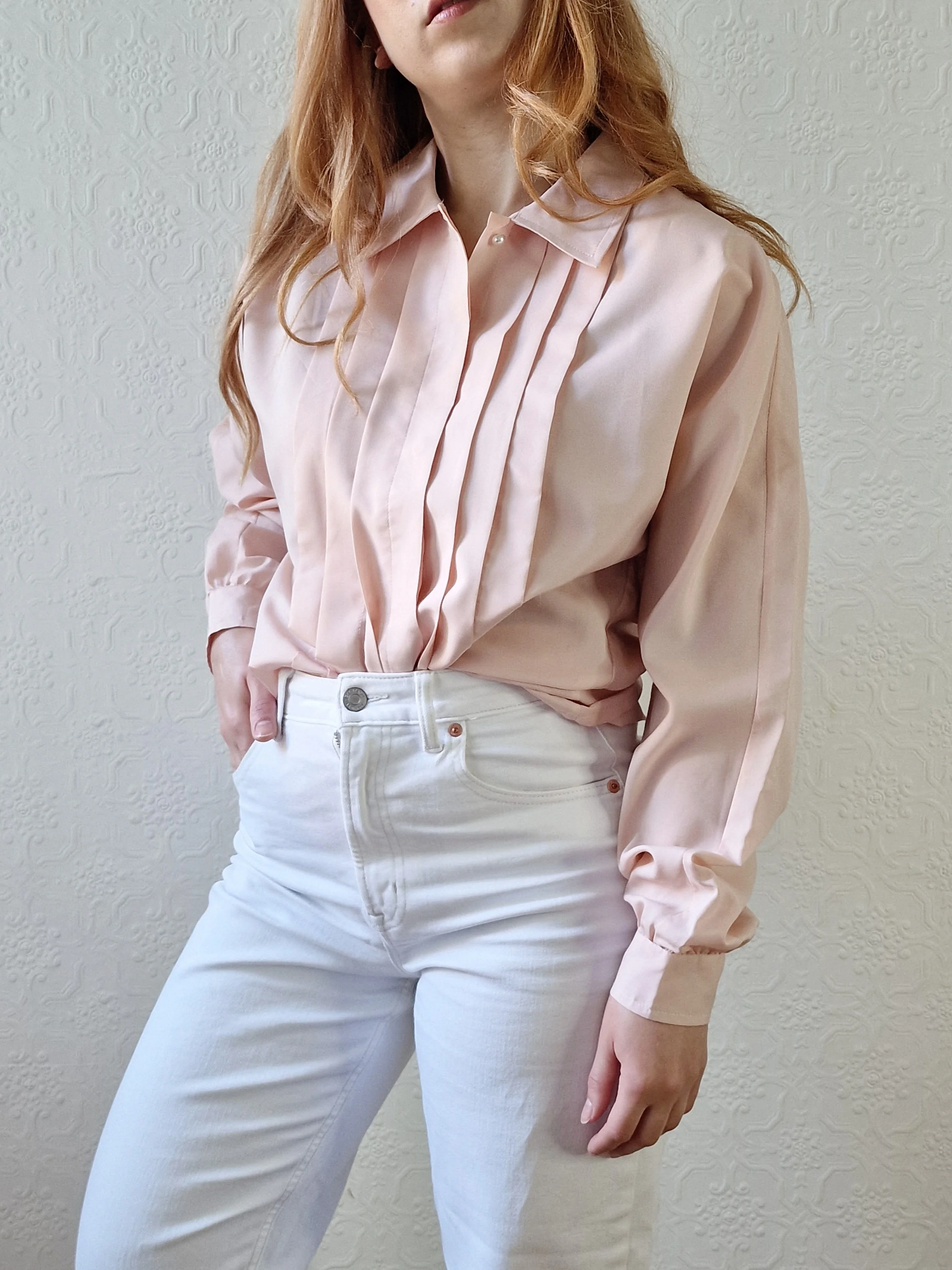 Vintage 80s Light Pink Long Sleeve Blouse With Pleating - S/M - Image 6