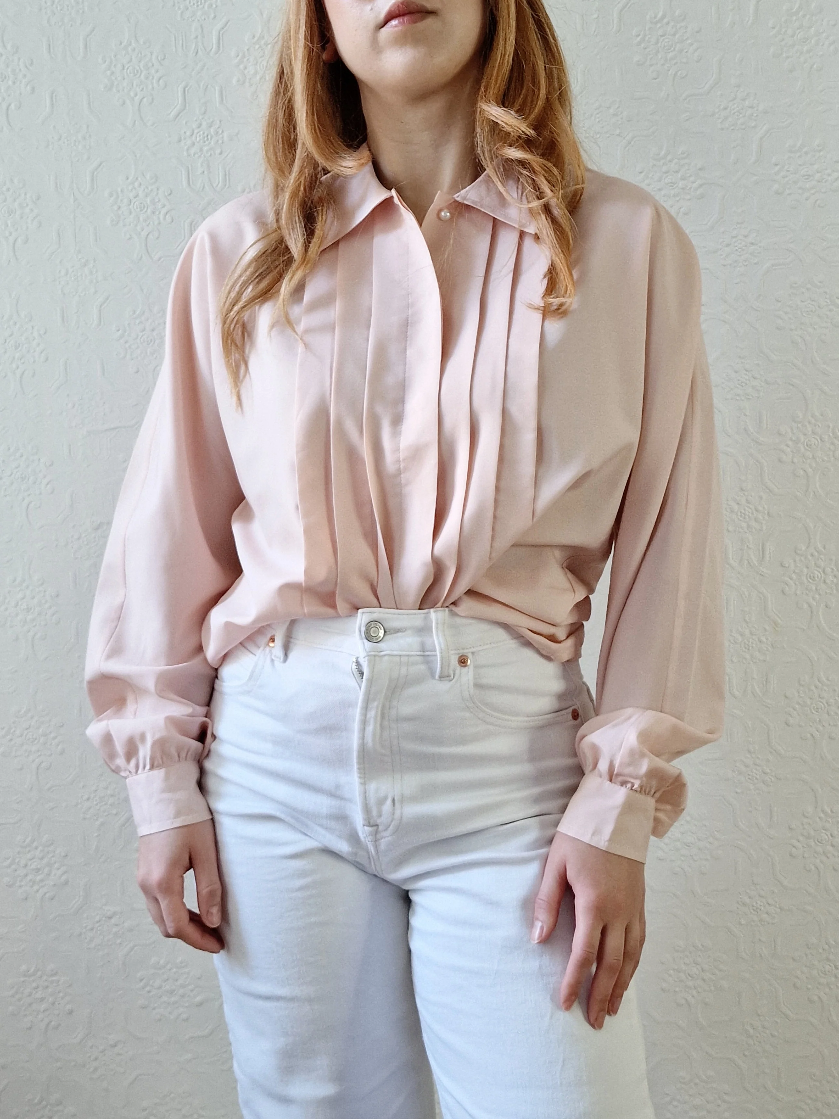 Vintage 80s Light Pink Long Sleeve Blouse With Pleating - S/M - Image 7