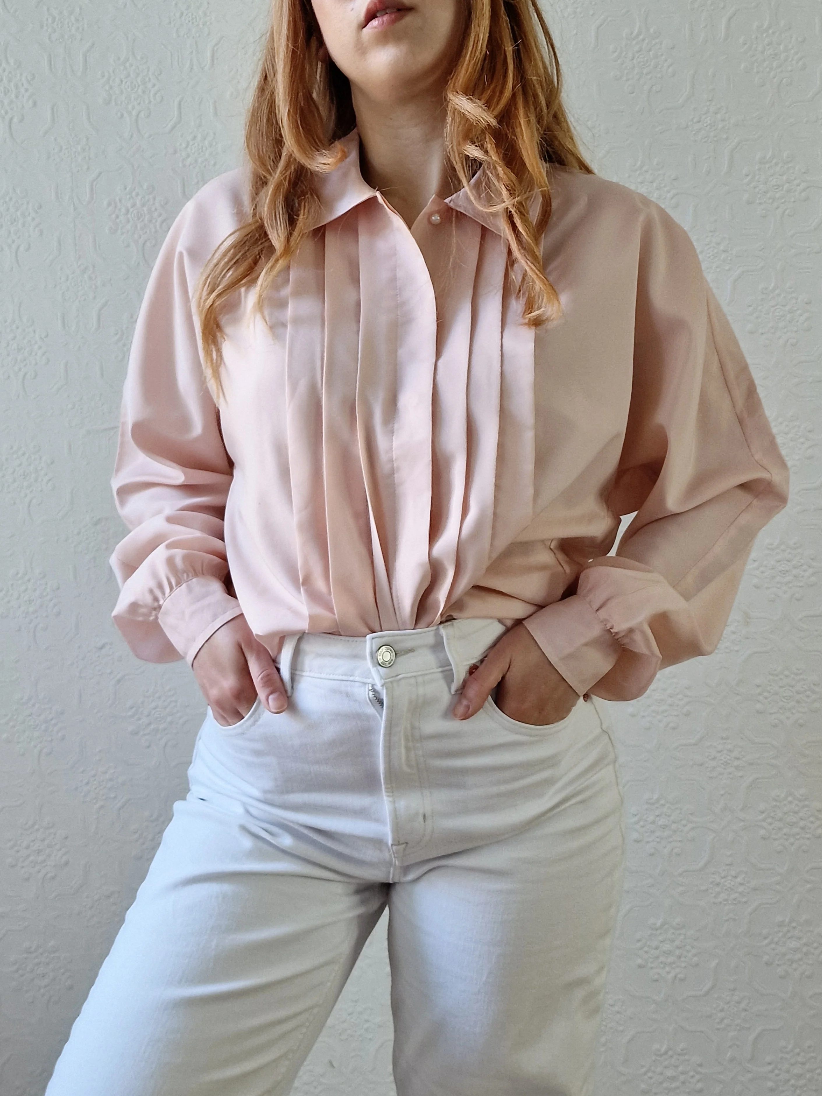 Vintage 80s Light Pink Long Sleeve Blouse With Pleating - S/M - Image 8