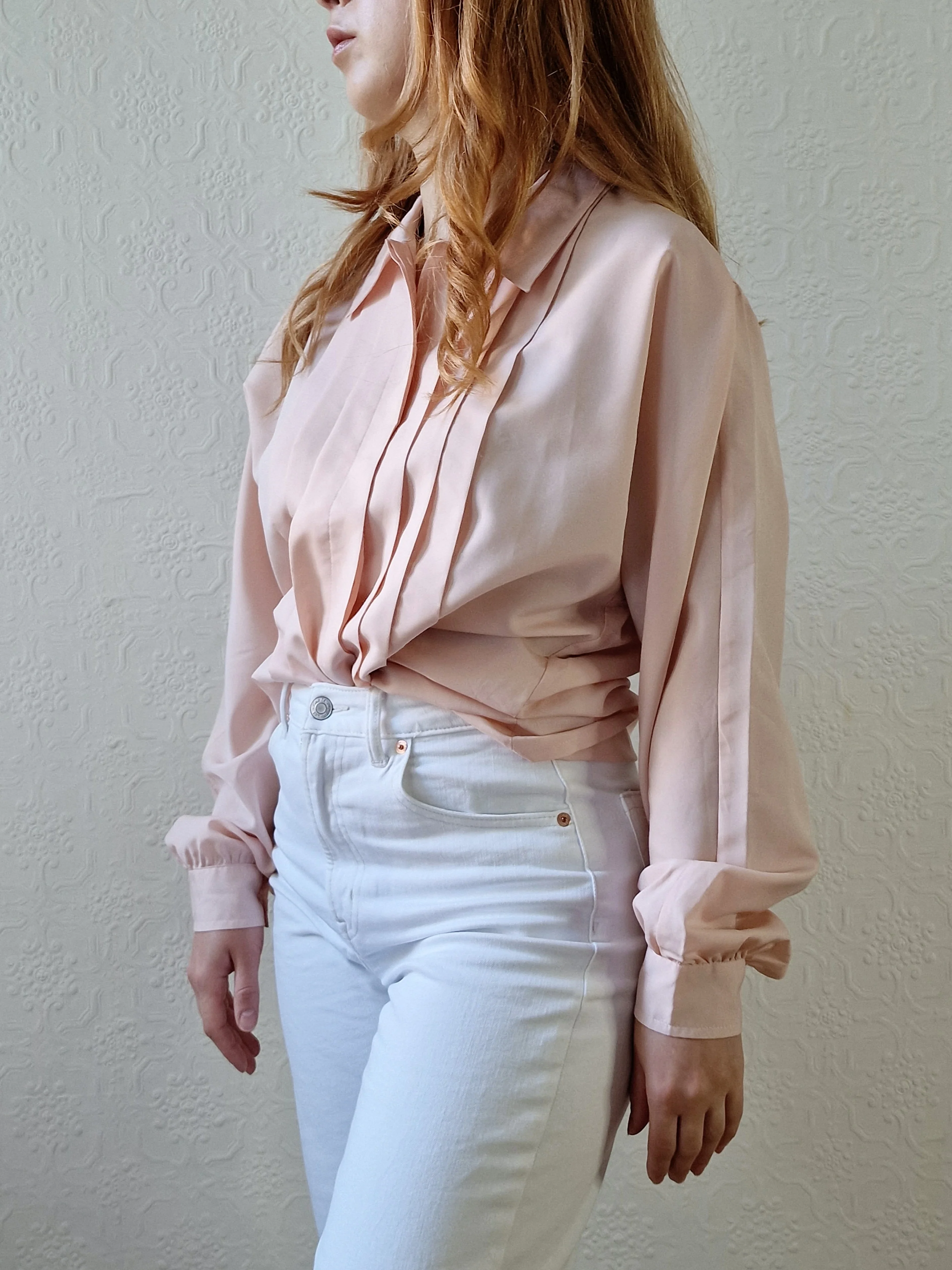 Vintage 80s Light Pink Long Sleeve Blouse With Pleating - S/M - Image 9