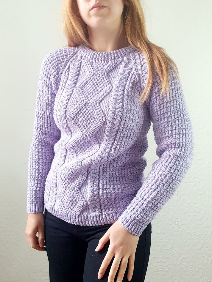 Vintage 80s Lilac Crew Neck Handknitted Cable Knit Aran Jumper - S