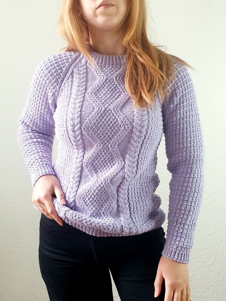 Vintage 80s Lilac Crew Neck Handknitted Cable Knit Aran Jumper - S - Image 3