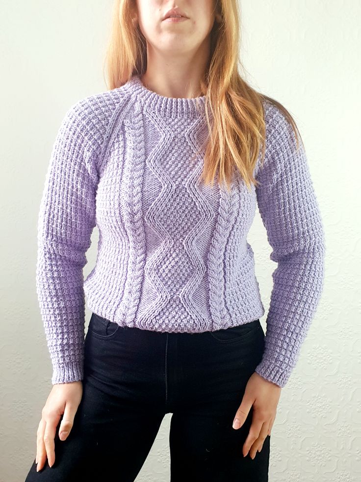 Vintage 80s Lilac Crew Neck Handknitted Cable Knit Aran Jumper - S - Image 5