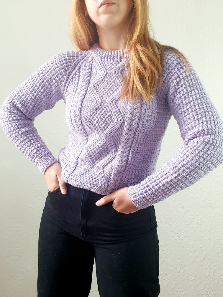 Vintage 80s Lilac Crew Neck Handknitted Cable Knit Aran Jumper - S - Image 7