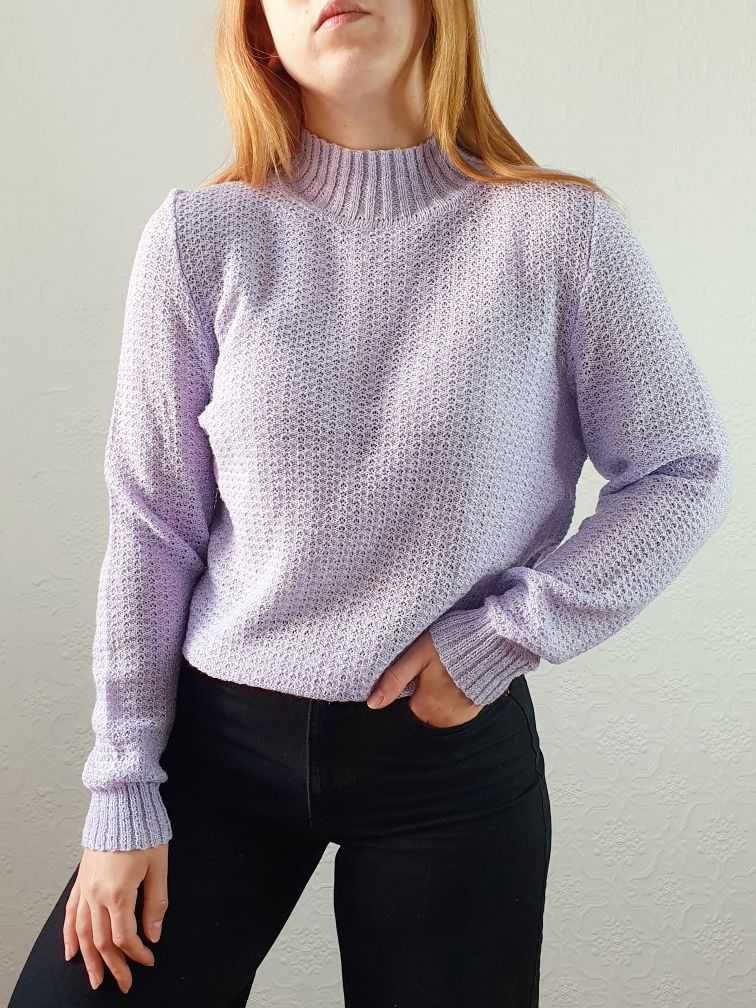 Vintage 80s Lilac Lightweight High Neck Jumper - S