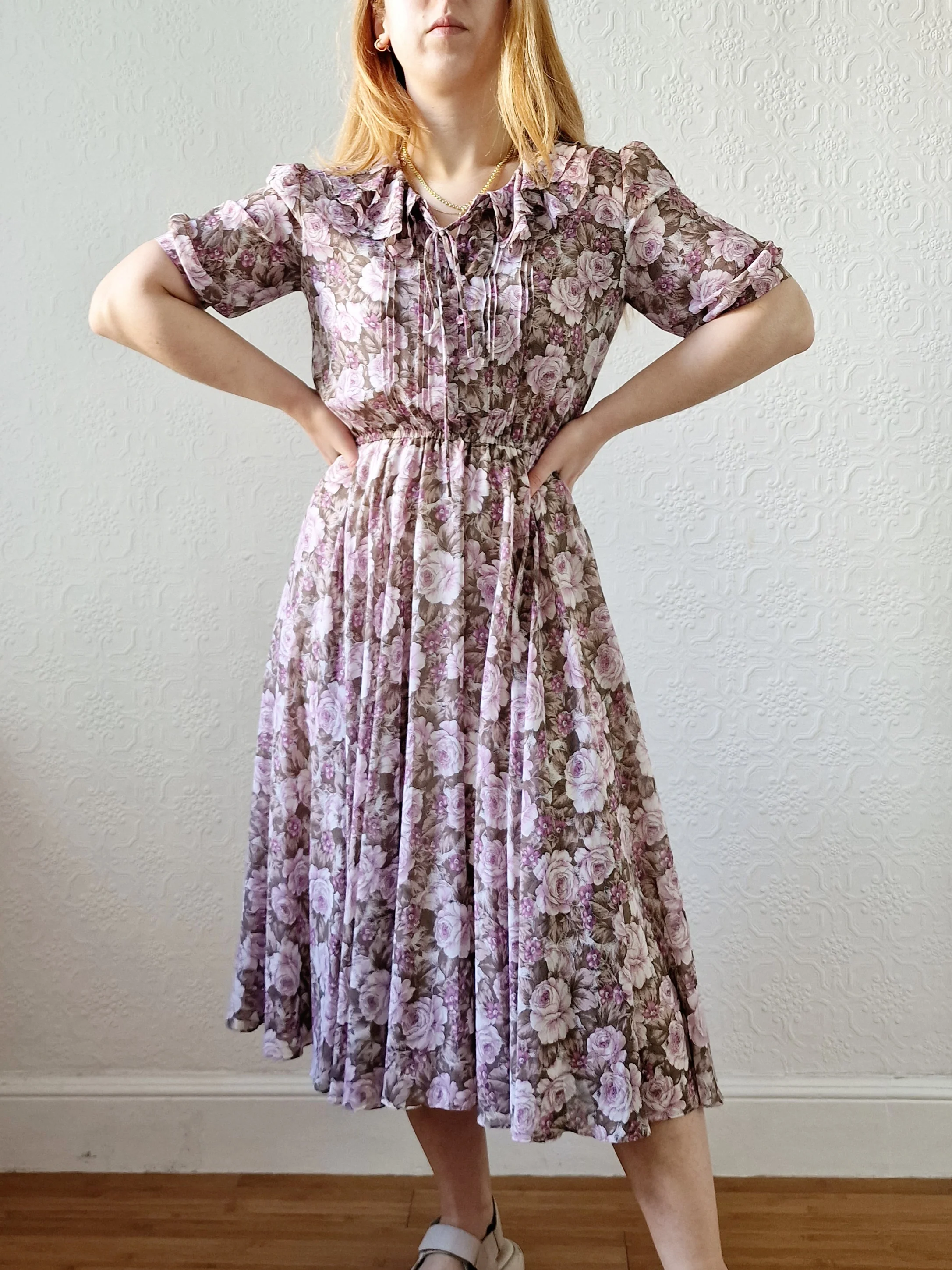 Vintage 80s Lilac Purple Romantic Floral Midi Dress with Puff Sleeves - S - Image 2