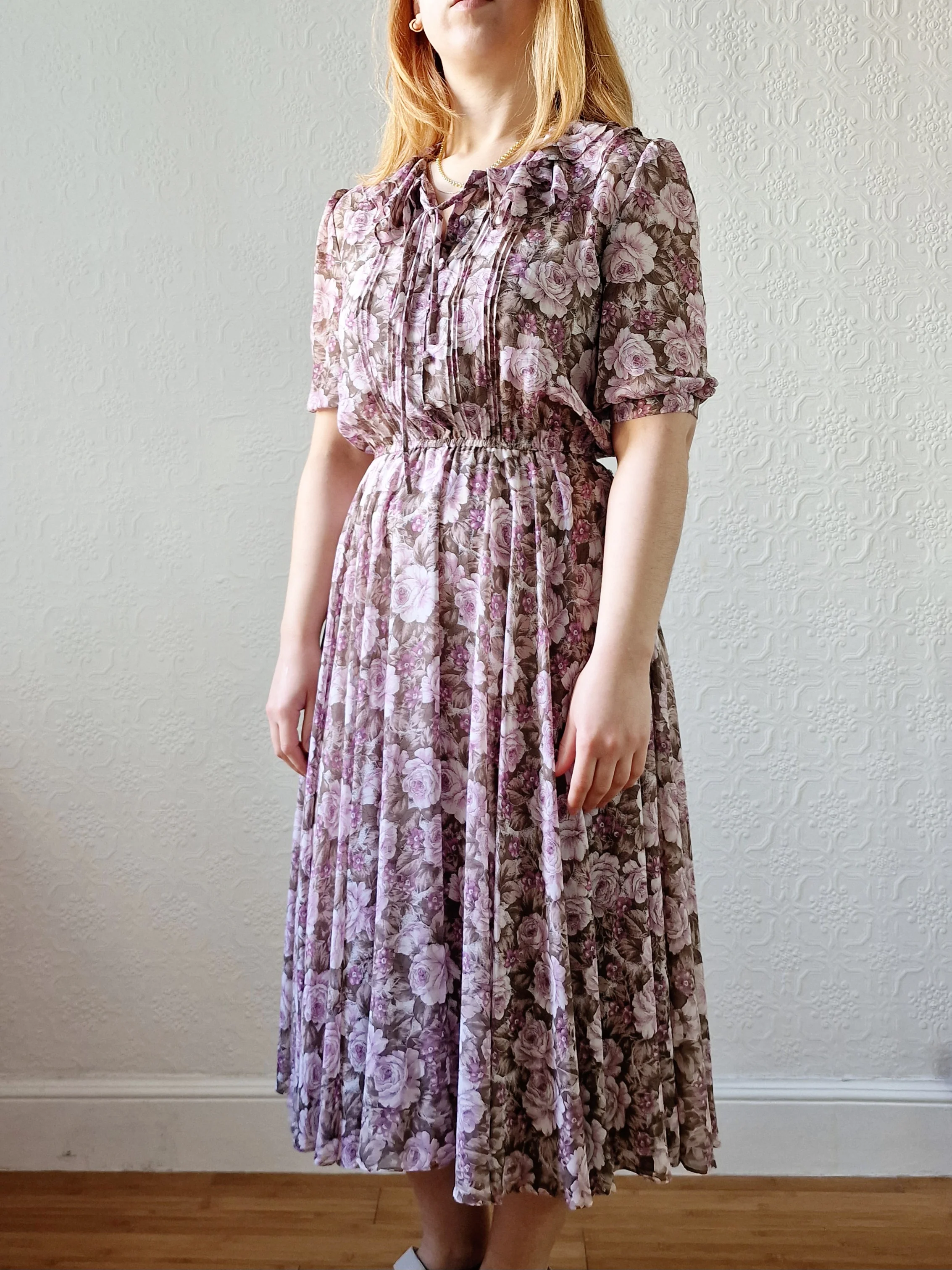 Vintage 80s Lilac Purple Romantic Floral Midi Dress with Puff Sleeves - S - Image 3