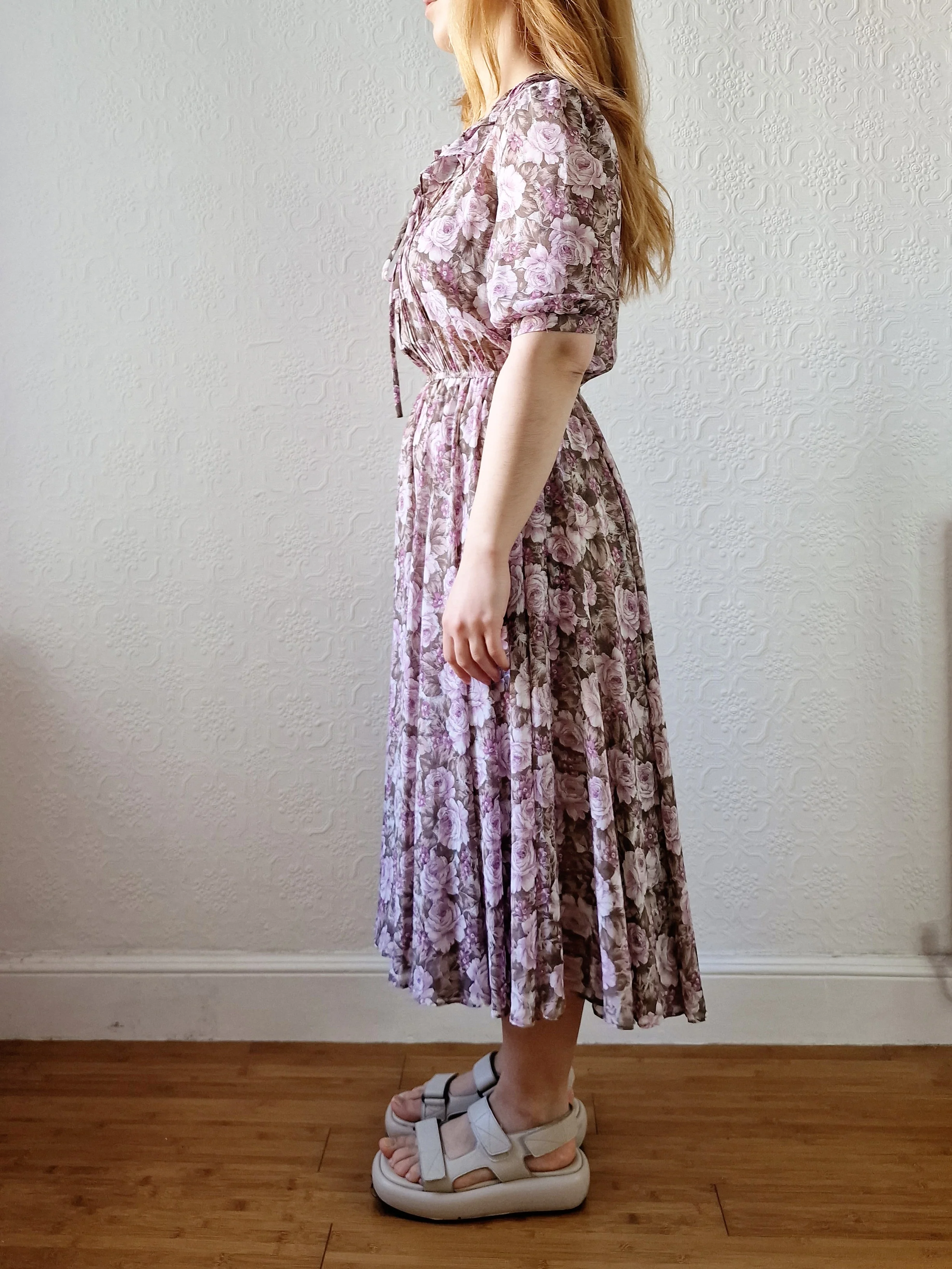 Vintage 80s Lilac Purple Romantic Floral Midi Dress with Puff Sleeves - S - Image 4