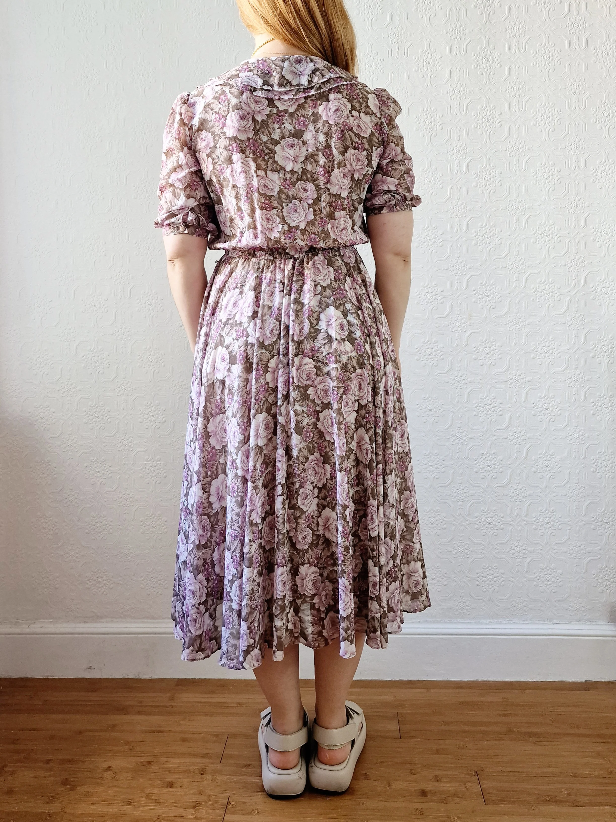 Vintage 80s Lilac Purple Romantic Floral Midi Dress with Puff Sleeves - S - Image 5