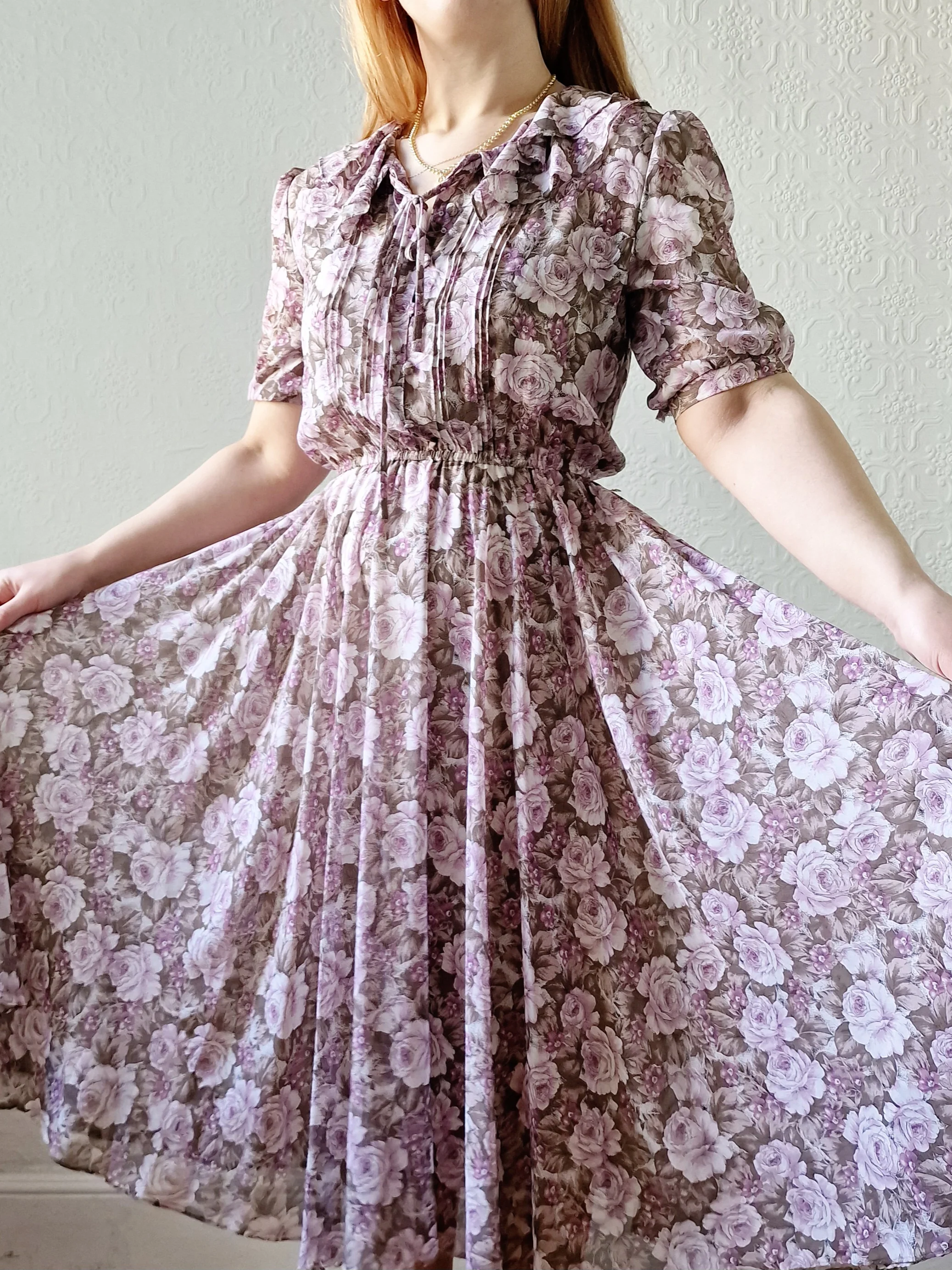 Vintage 80s Lilac Purple Romantic Floral Midi Dress with Puff Sleeves - S - Image 6