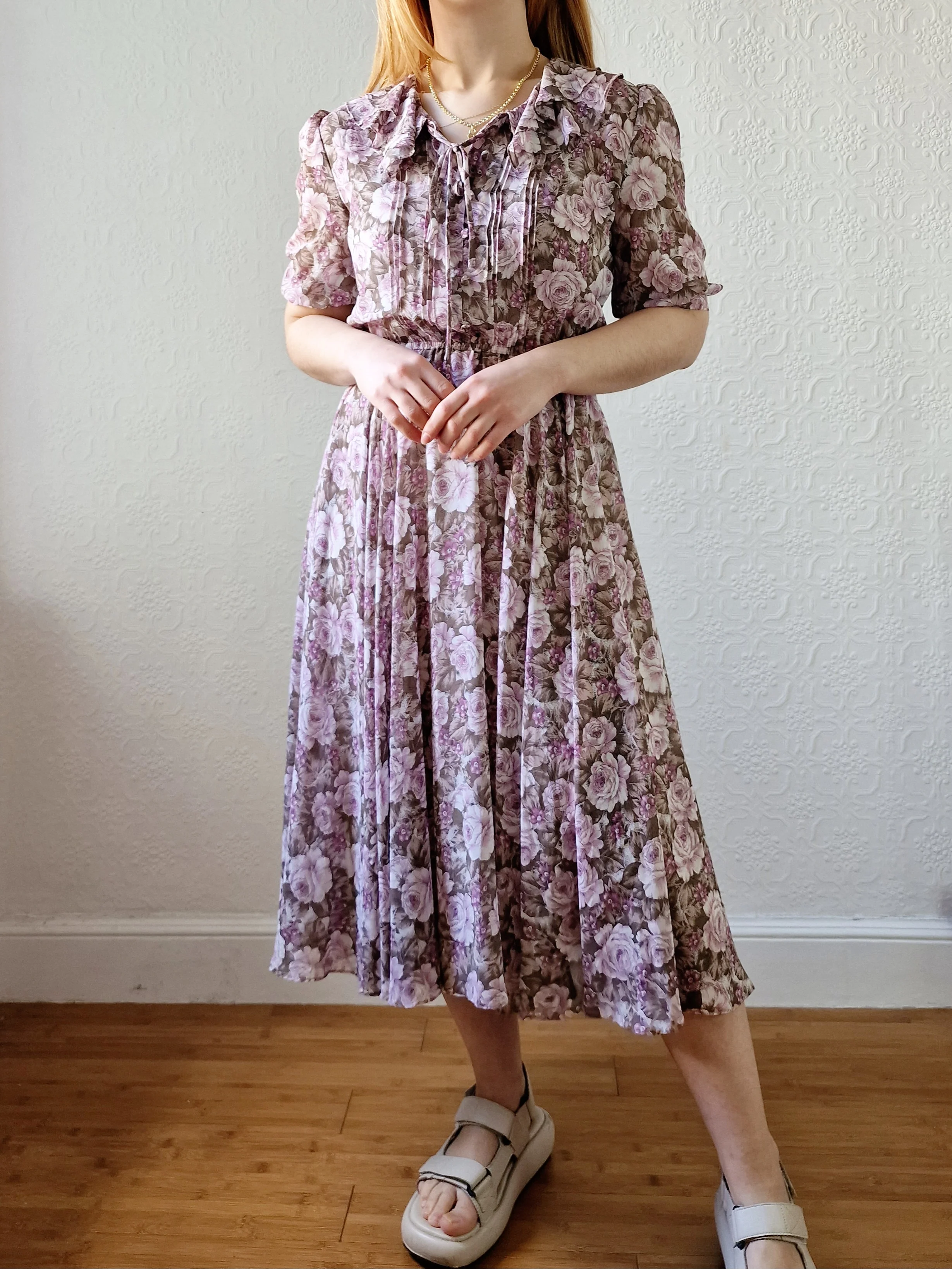 Vintage 80s Lilac Purple Romantic Floral Midi Dress with Puff Sleeves - S - Image 7