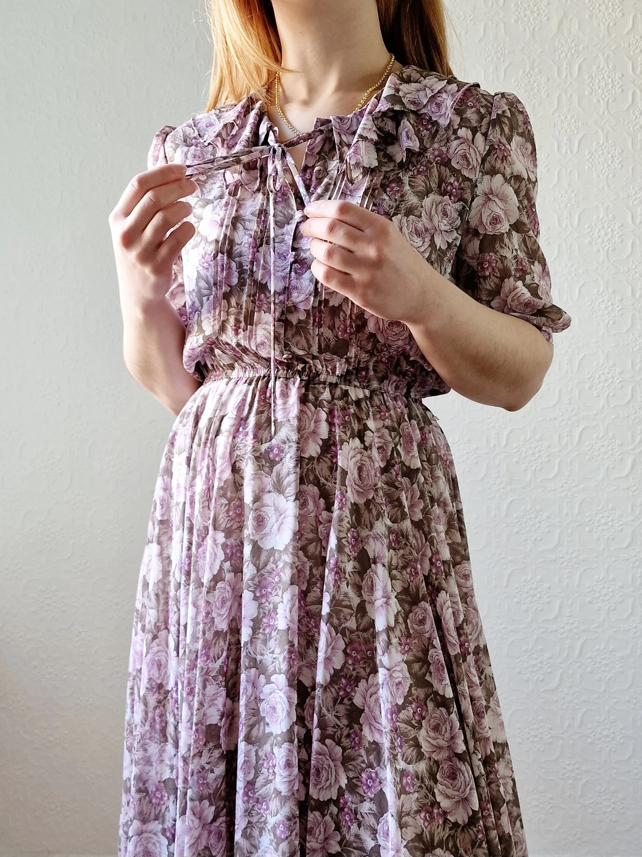 Vintage 80s Lilac Purple Romantic Floral Midi Dress with Puff Sleeves - S - Image 8