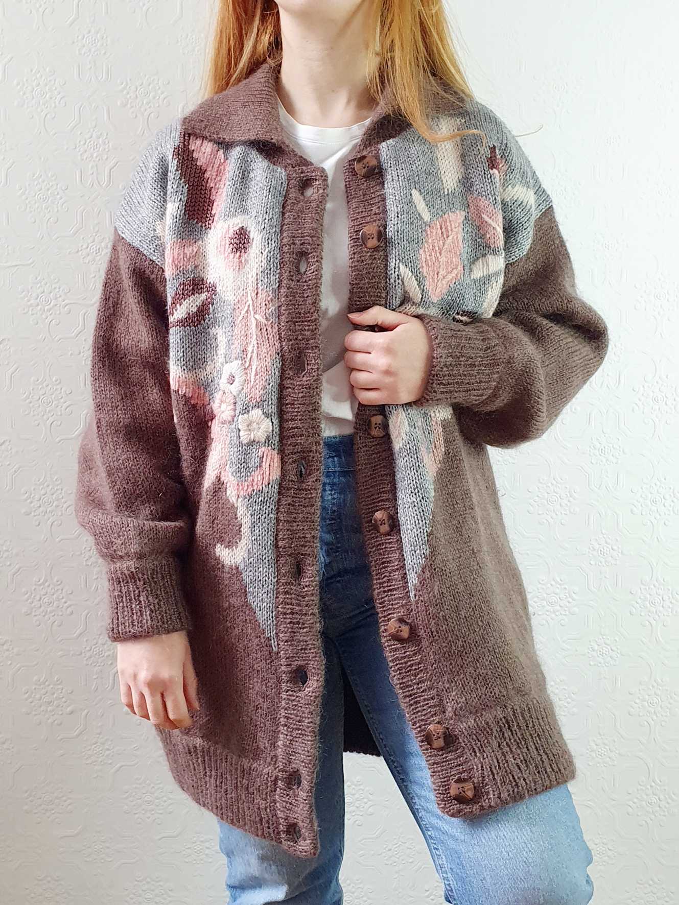 Vintage 80s Mauve Floral Pattern Collared Mohair Cardigan - L