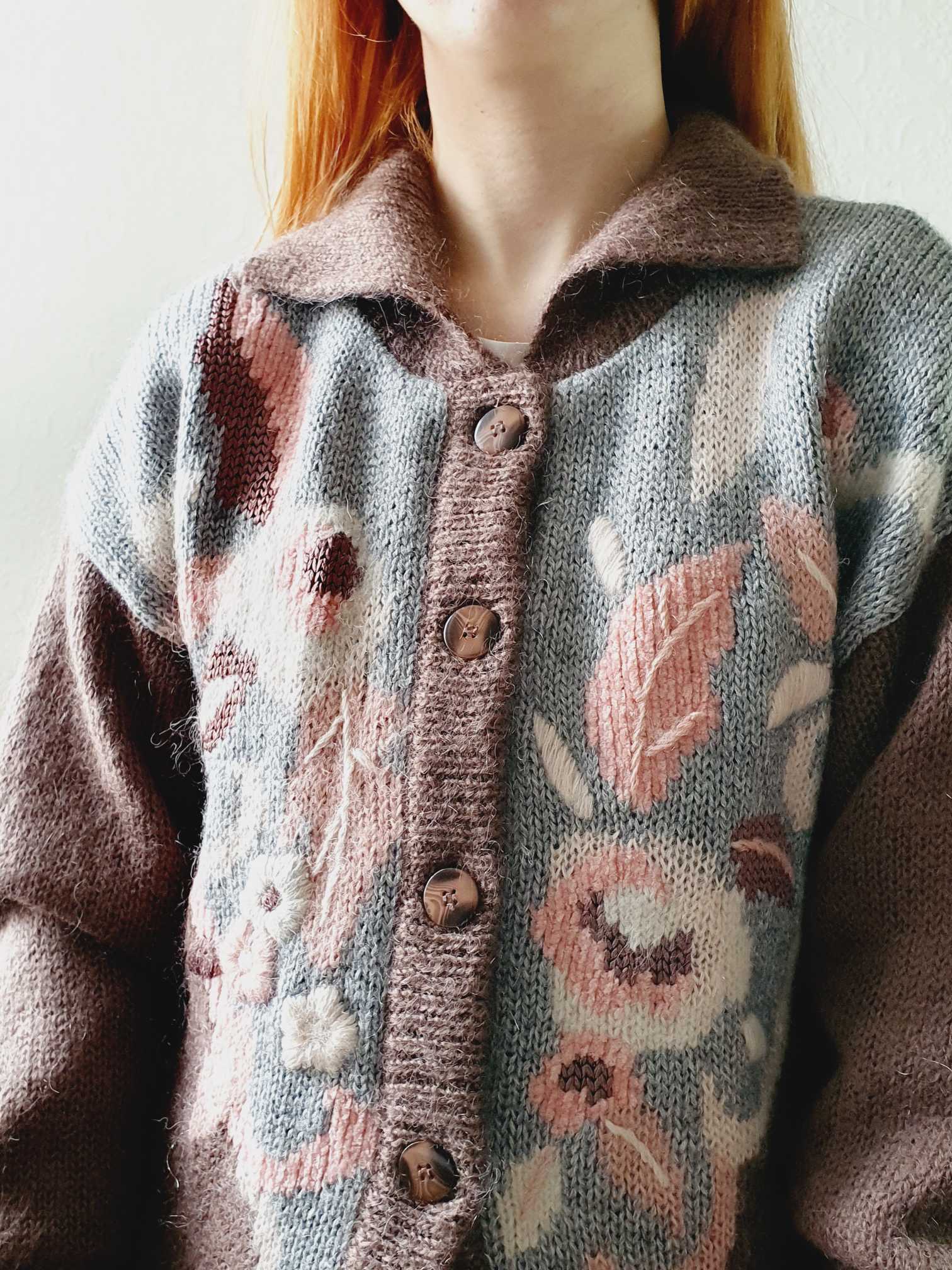 Vintage 80s Mauve Floral Pattern Collared Mohair Cardigan - L - Image 2