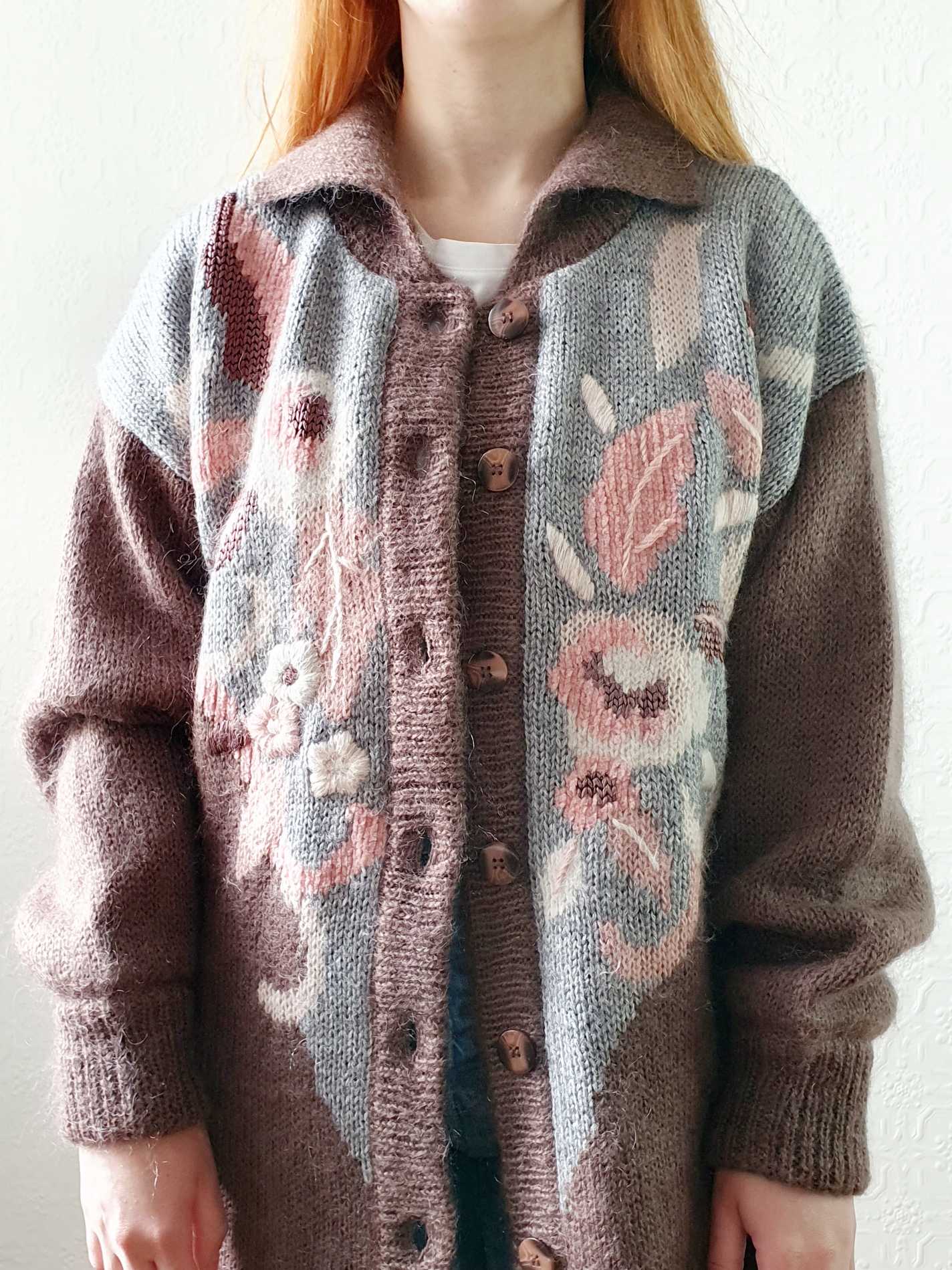 Vintage 80s Mauve Floral Pattern Collared Mohair Cardigan - L - Image 3