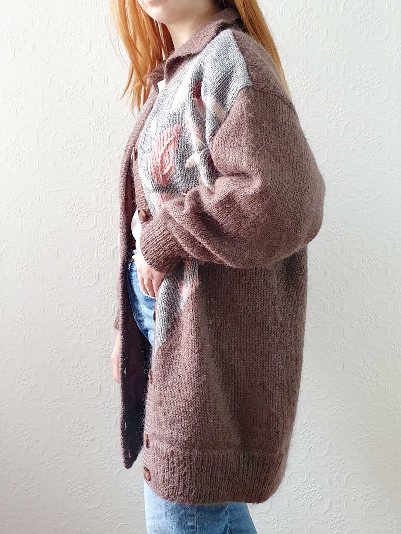 Vintage 80s Mauve Floral Pattern Collared Mohair Cardigan - L - Image 4