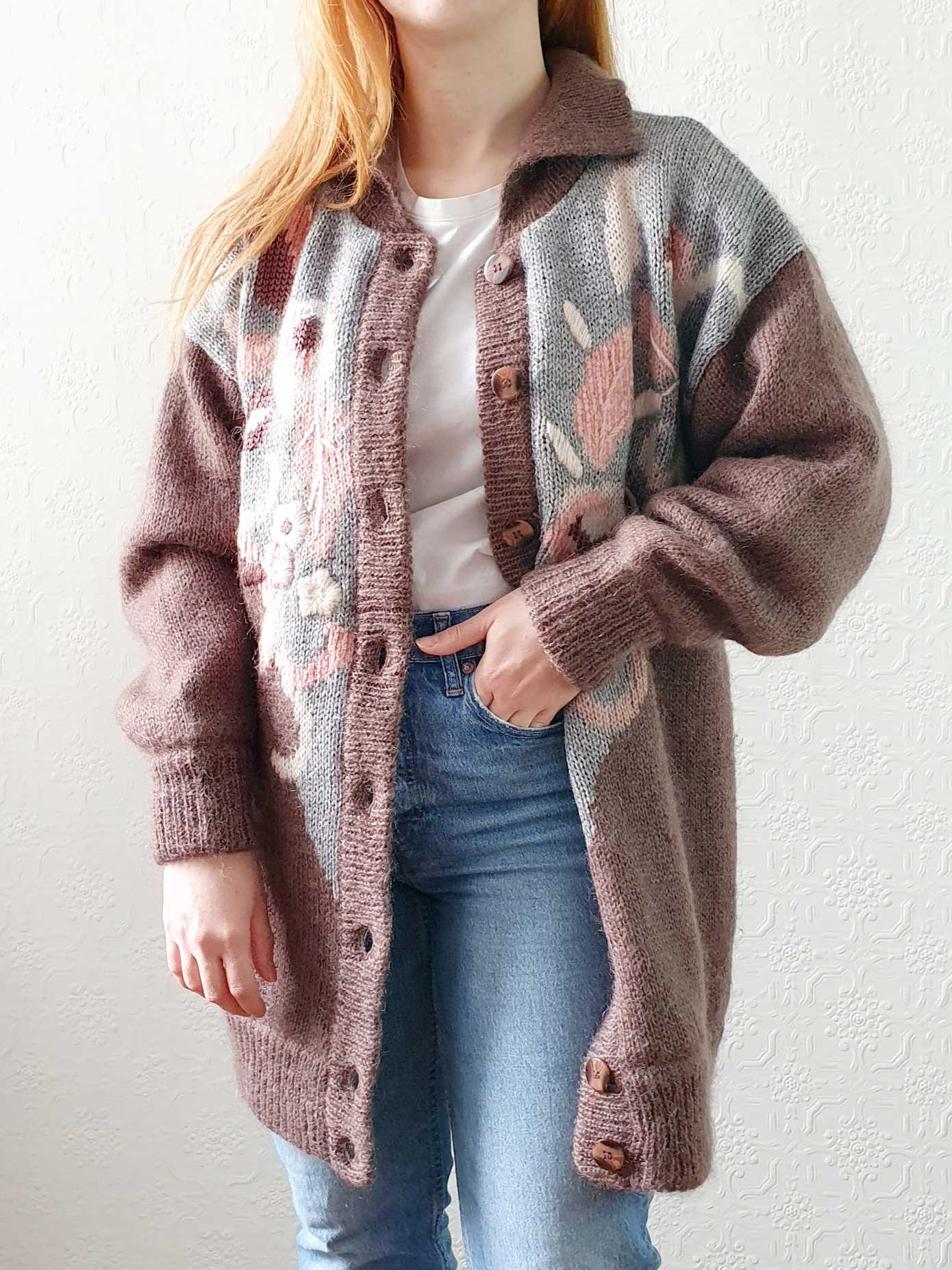 Vintage 80s Mauve Floral Pattern Collared Mohair Cardigan - L - Image 5