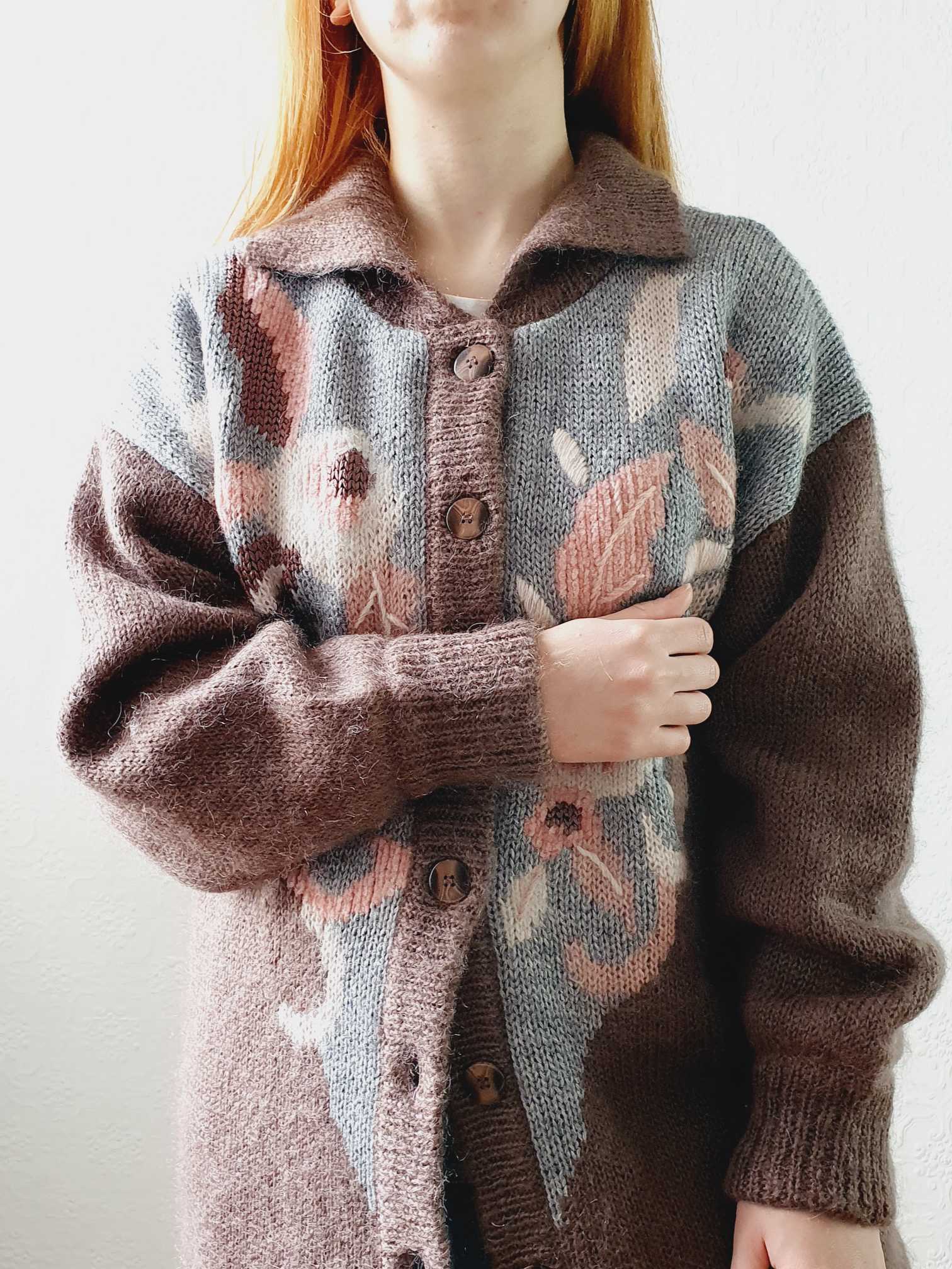Vintage 80s Mauve Floral Pattern Collared Mohair Cardigan - L - Image 6