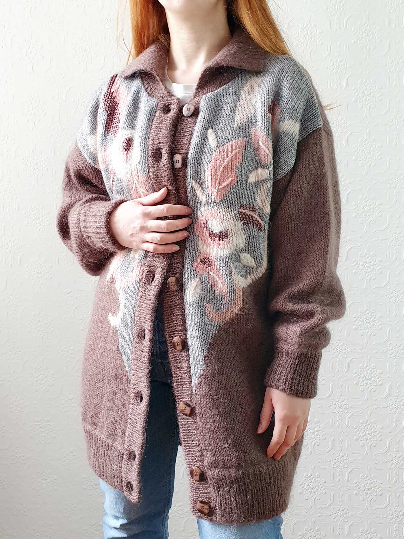 Vintage 80s Mauve Floral Pattern Collared Mohair Cardigan - L - Image 7
