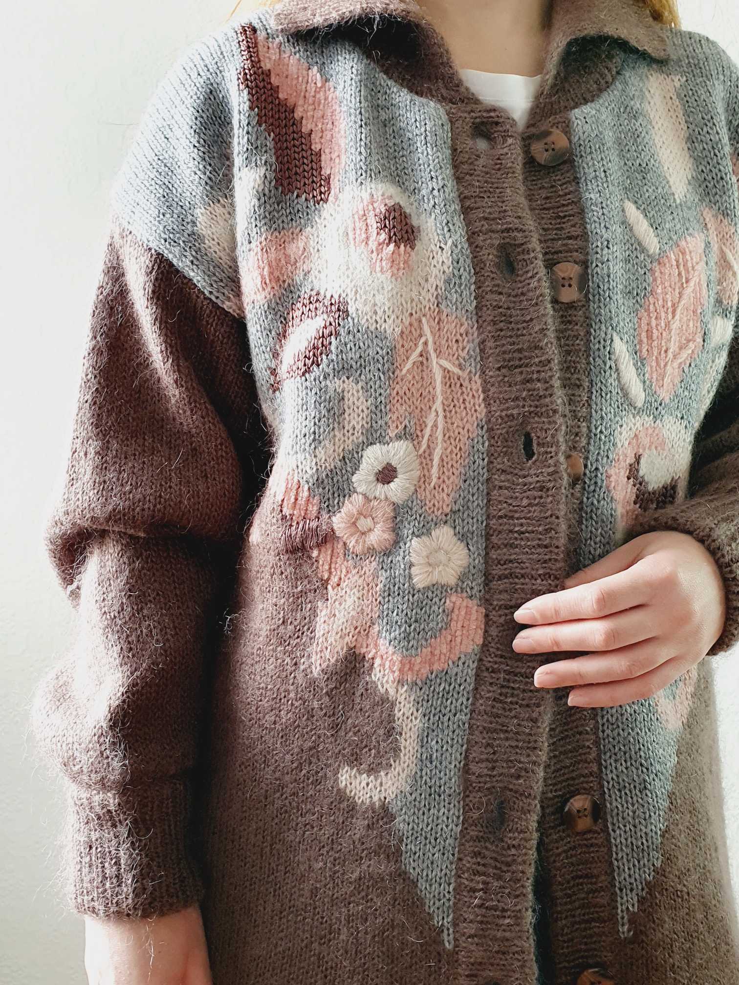 Vintage 80s Mauve Floral Pattern Collared Mohair Cardigan - L - Image 8