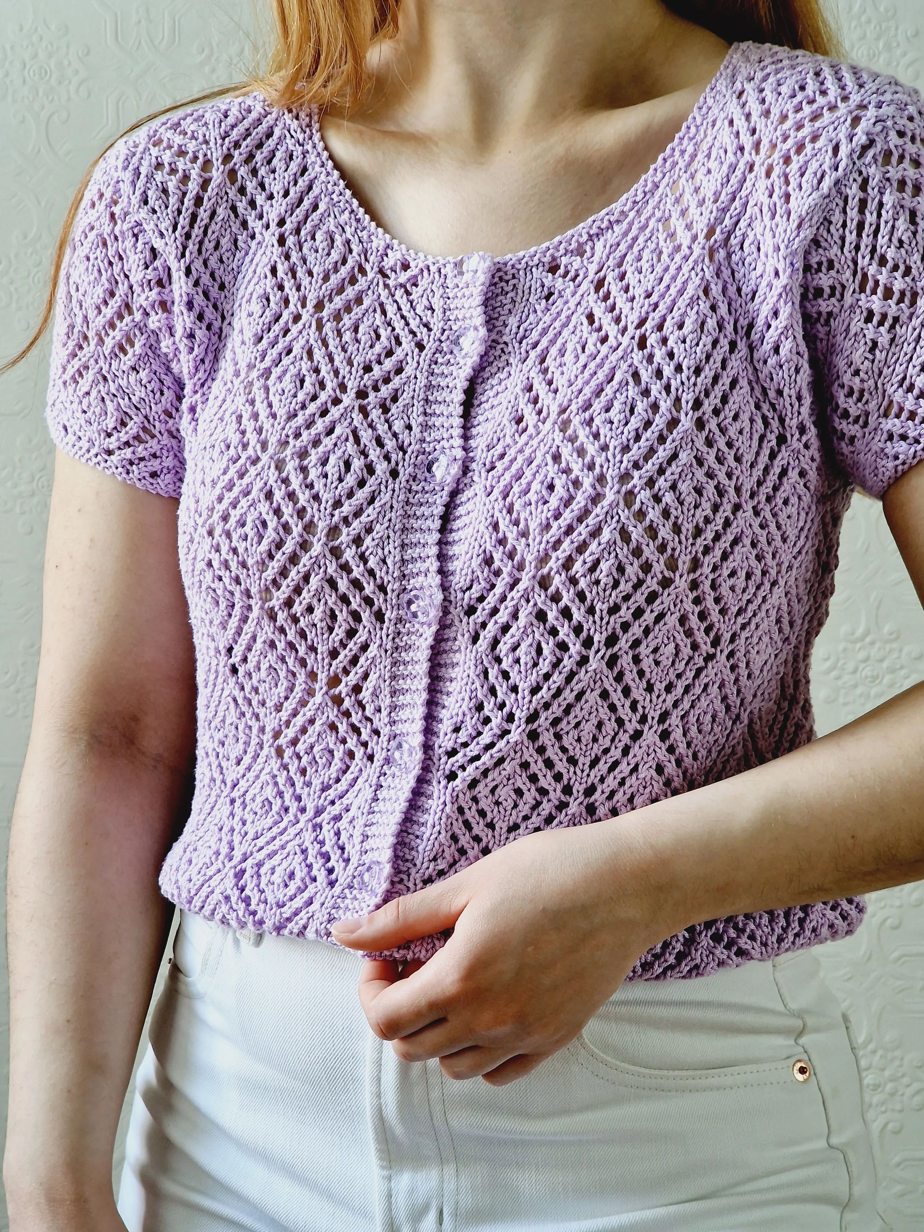 Vintage 80s Mauve Purple Crochet Jumper Top with Short Sleeves - XS - Image 2