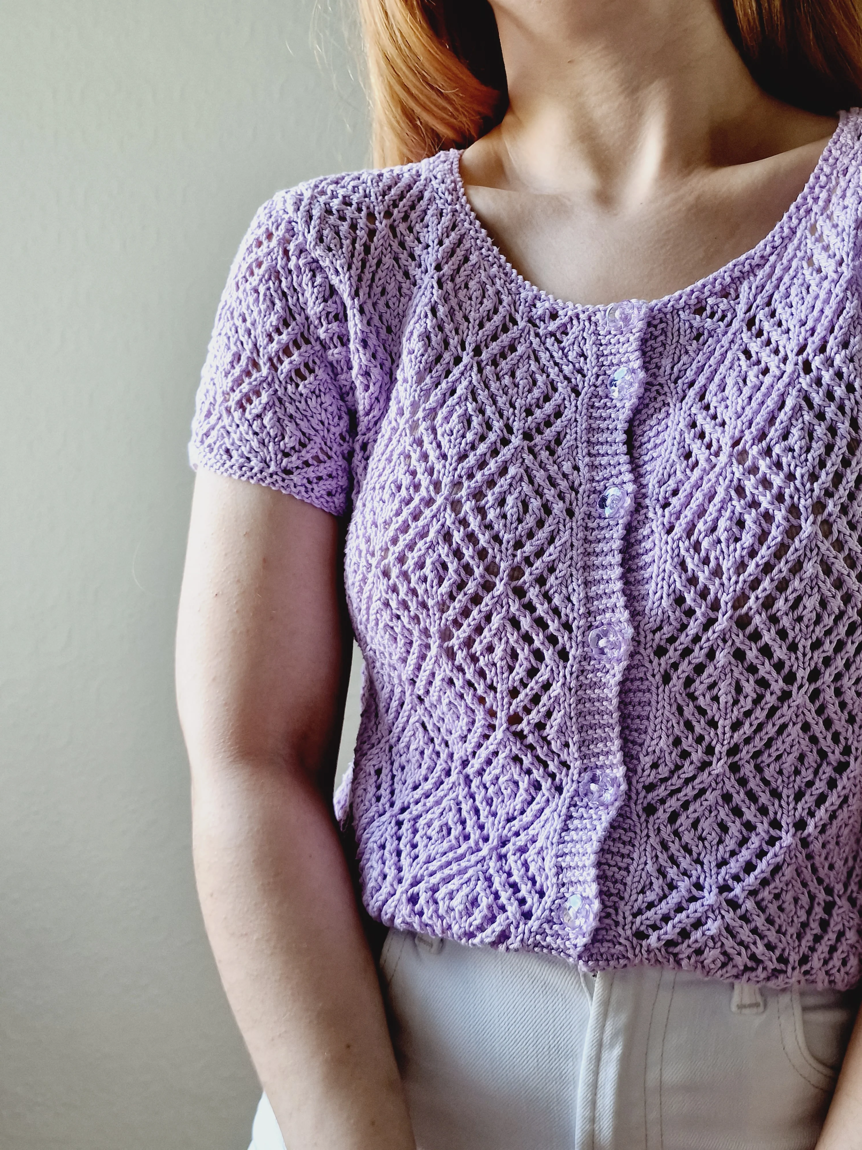 Vintage 80s Mauve Purple Crochet Jumper Top with Short Sleeves - XS - Image 3