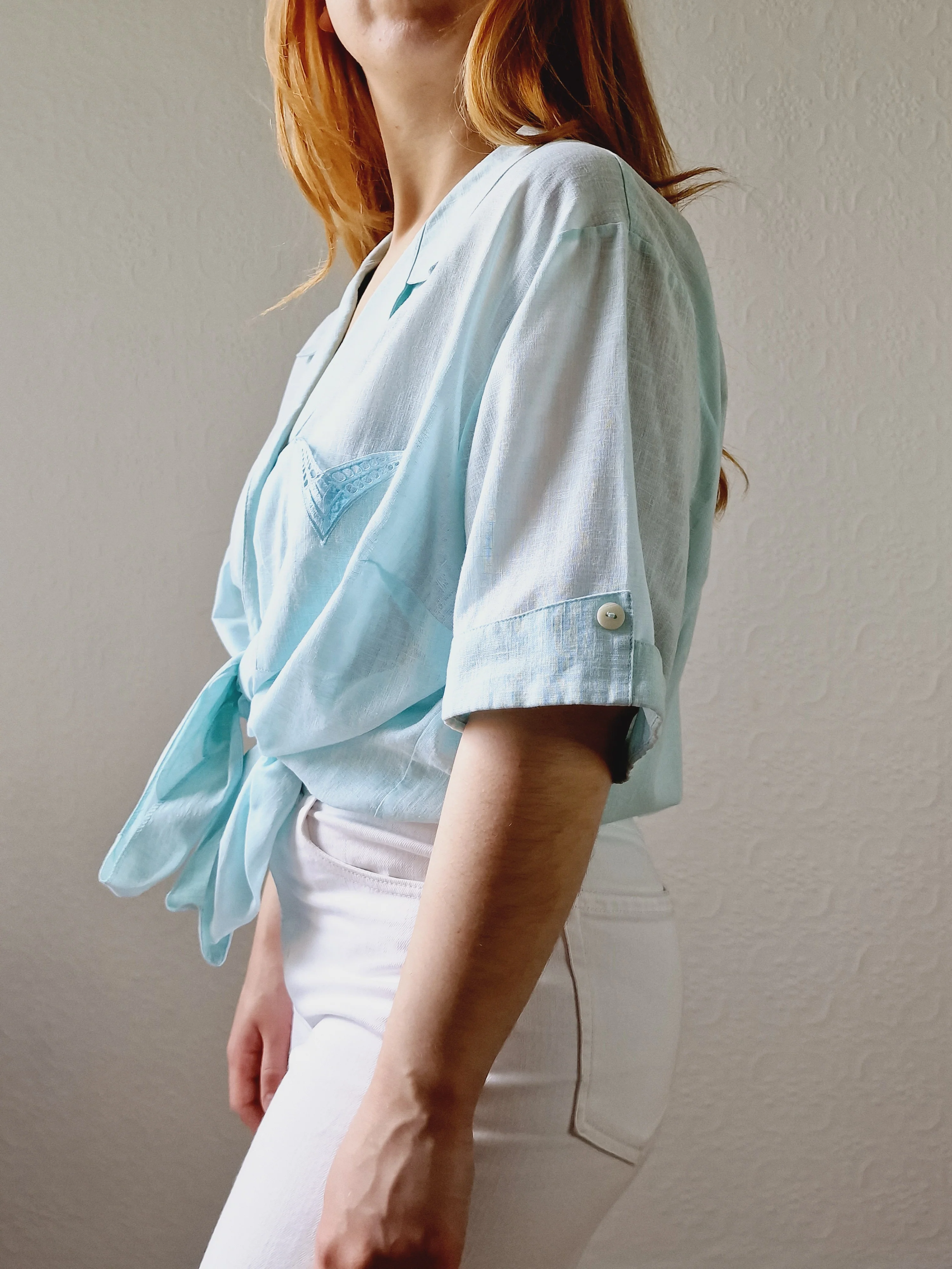 Vintage 80s Mint Green Short Sleeve Blouse - XXL - Image 2