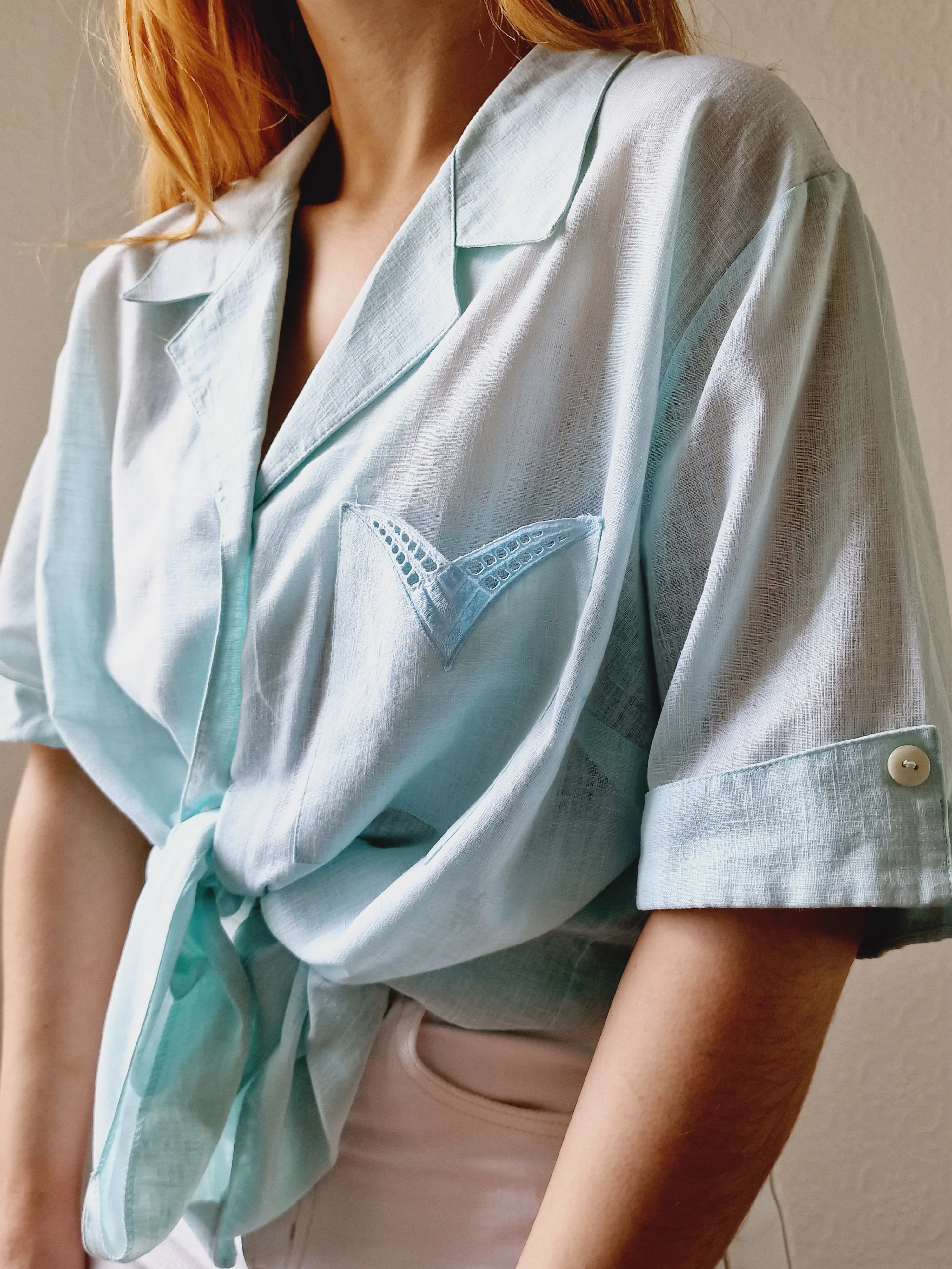 Vintage 80s Mint Green Short Sleeve Blouse - XXL - Image 4