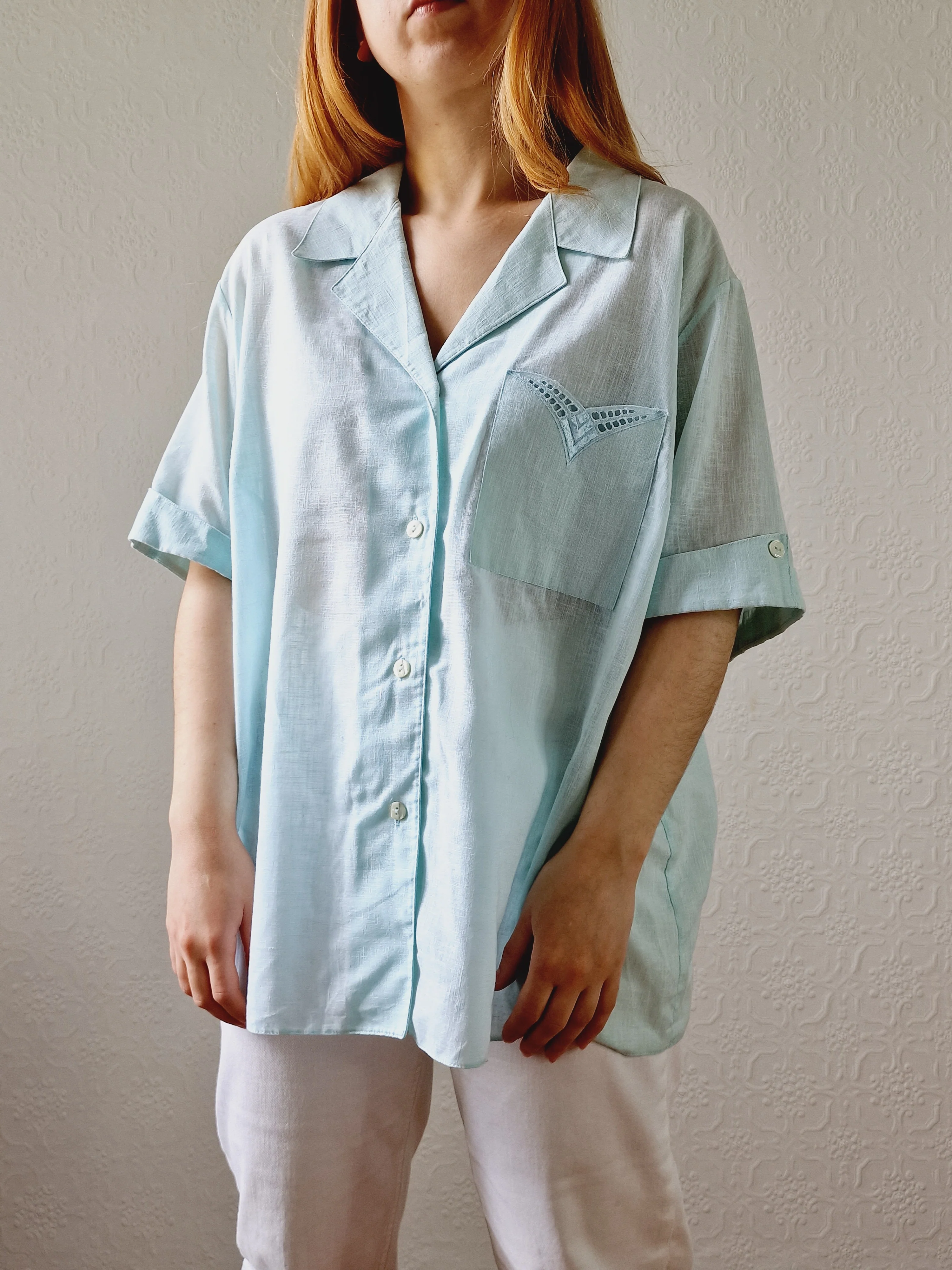 Vintage 80s Mint Green Short Sleeve Blouse - XXL - Image 5