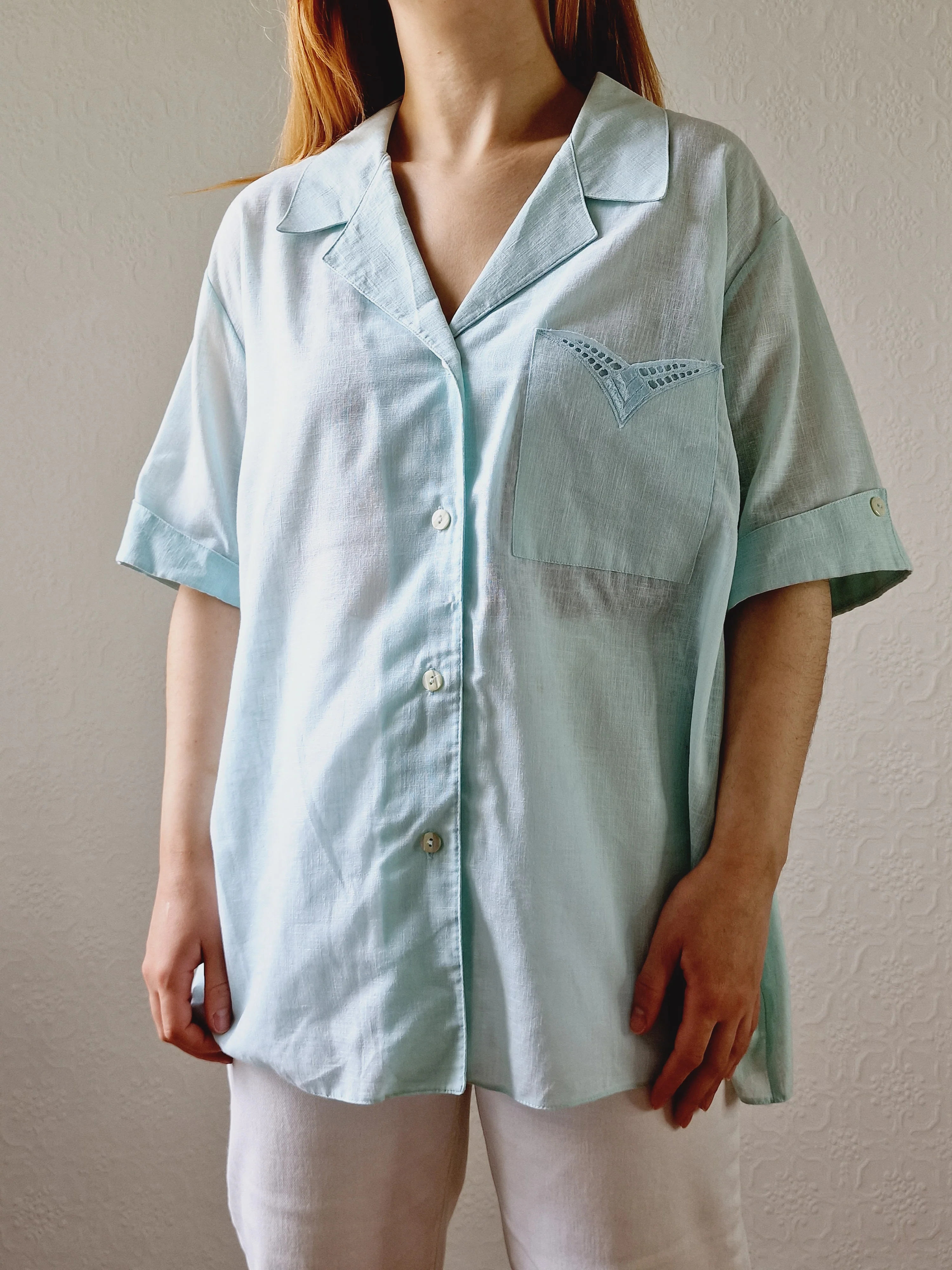 Vintage 80s Mint Green Short Sleeve Blouse - XXL - Image 7
