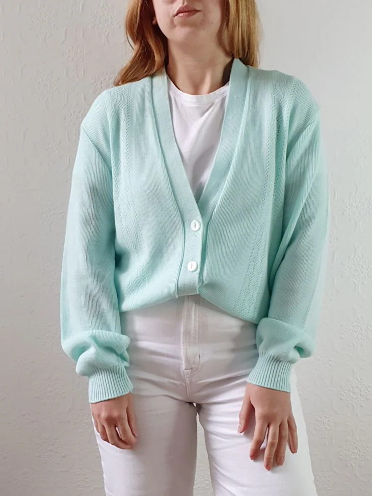 Vintage 80s Mint Green V-Neck Cardigan - M/L