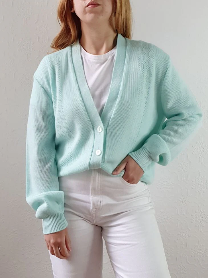 Vintage 80s Mint Green V-Neck Cardigan - M/L - Image 2
