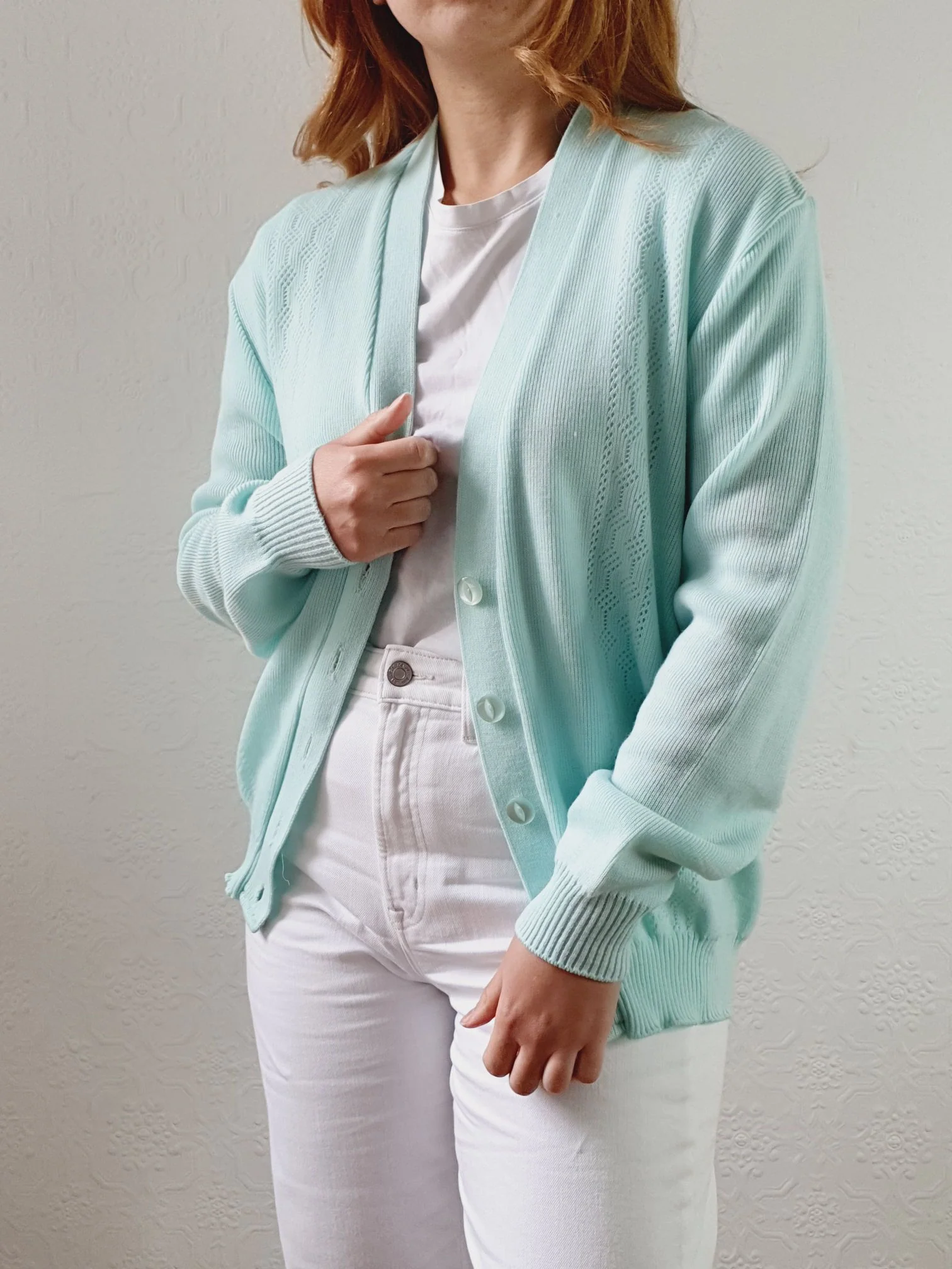 Vintage 80s Mint Green V-Neck Cardigan - M/L - Image 3