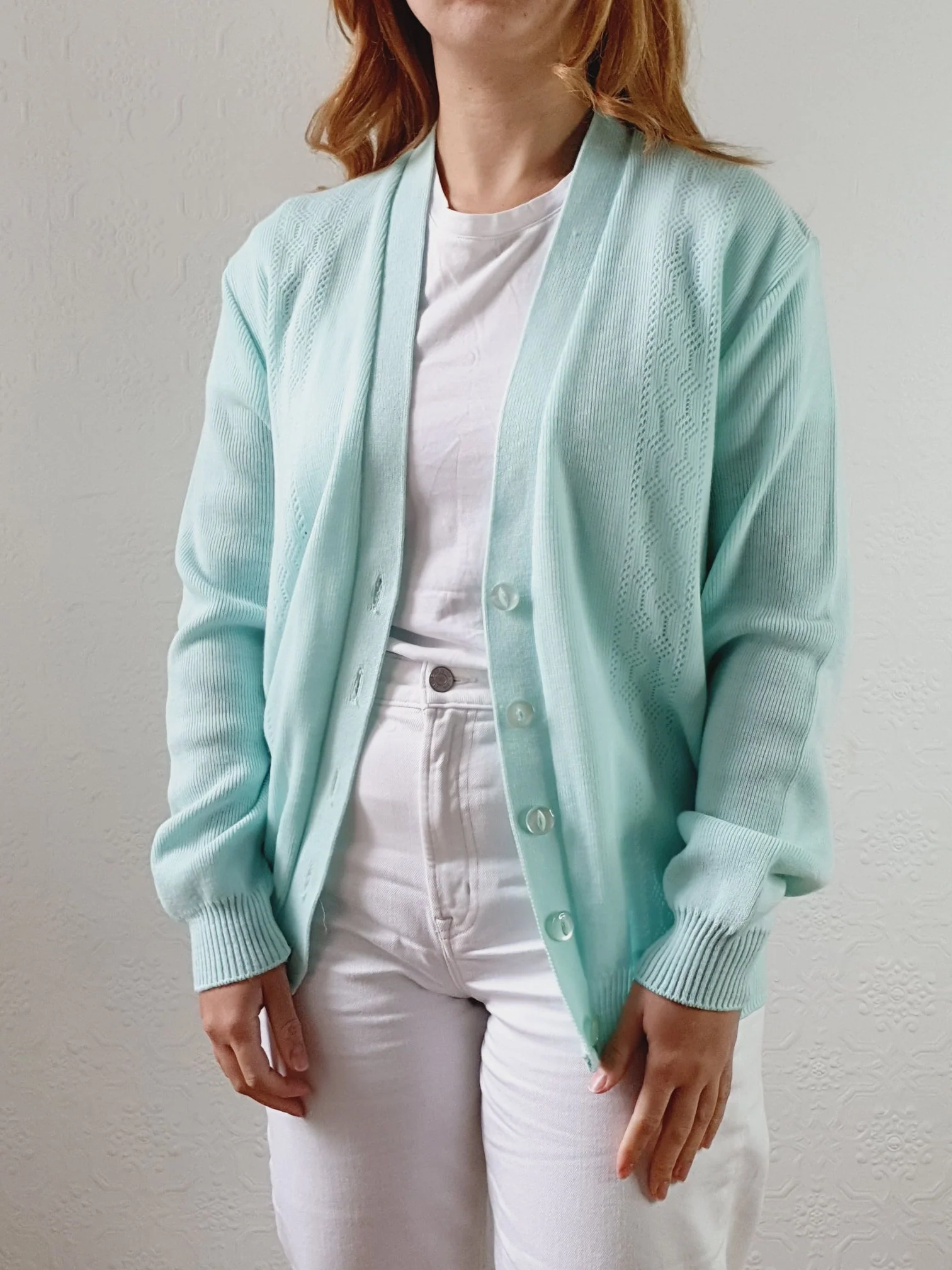Vintage 80s Mint Green V-Neck Cardigan - M/L - Image 4