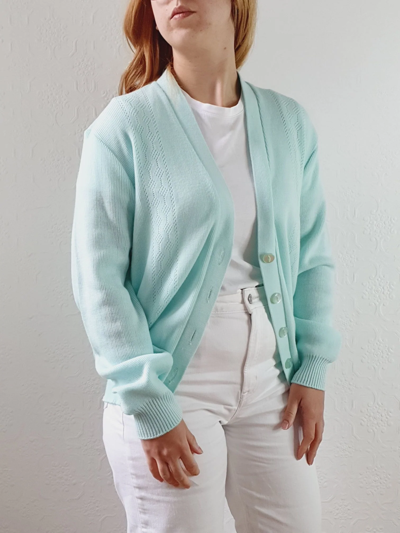 Vintage 80s Mint Green V-Neck Cardigan - M/L - Image 6