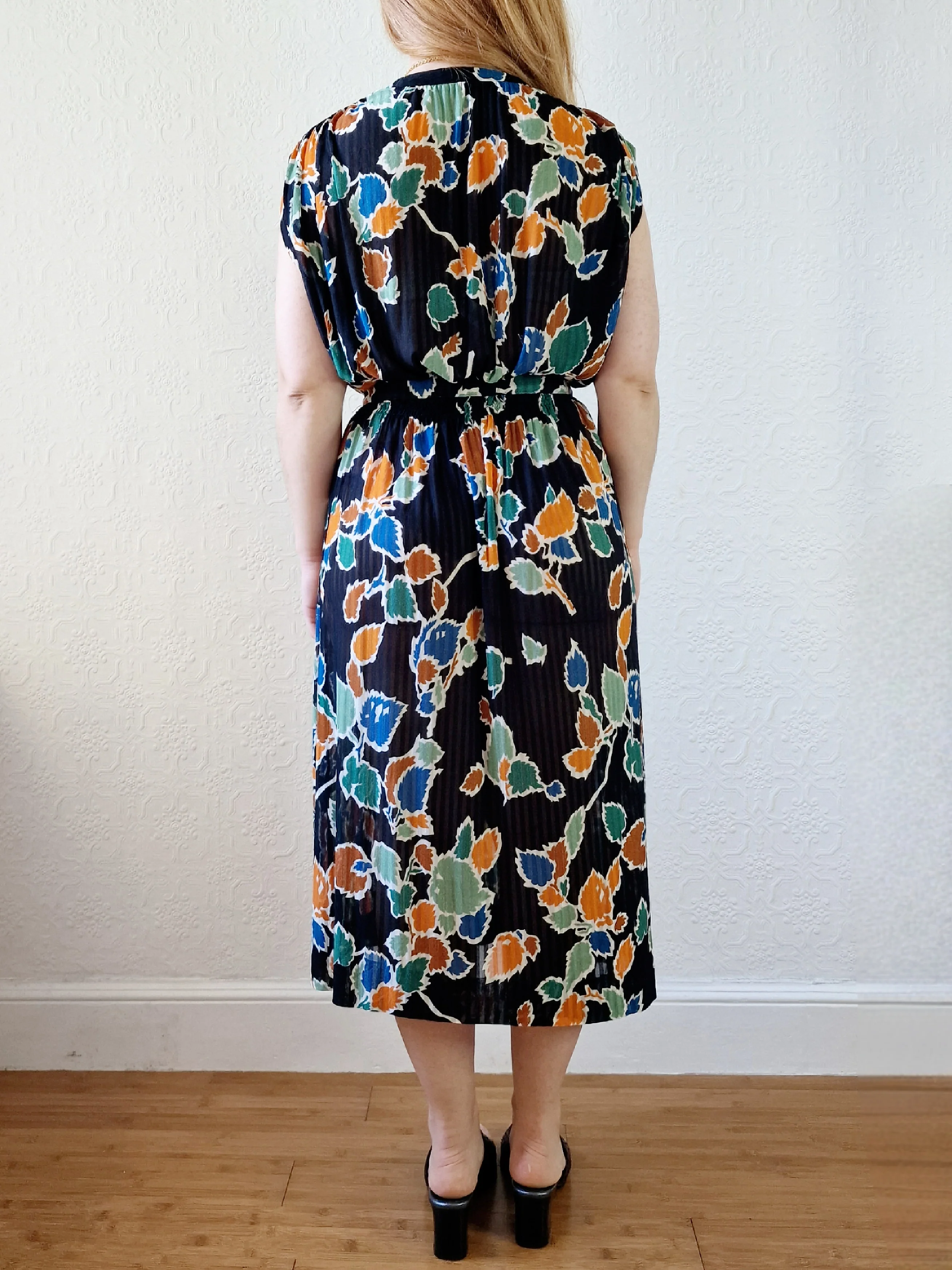 Vintage 80s Multicolour Leaf Print Midi Dress with Belt - M/L - Image 5