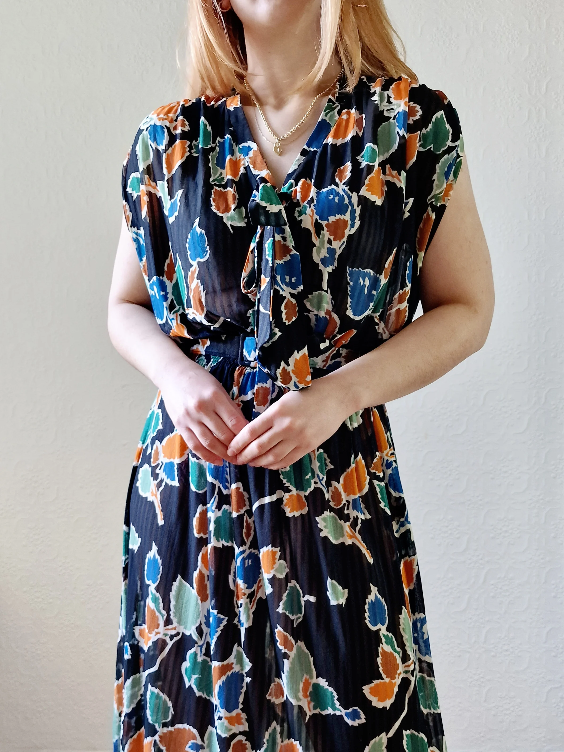 Vintage 80s Multicolour Leaf Print Midi Dress with Belt - M/L - Image 8