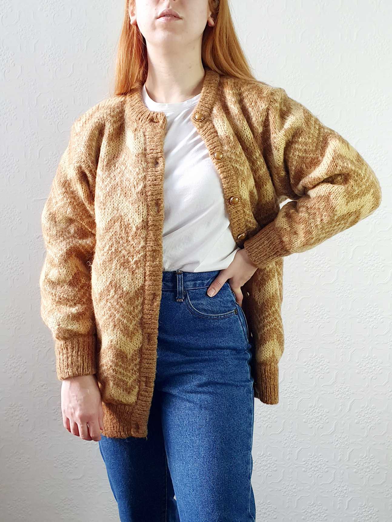 Vintage 80s Mustard Chevron Pattern Wool Cardigan - M