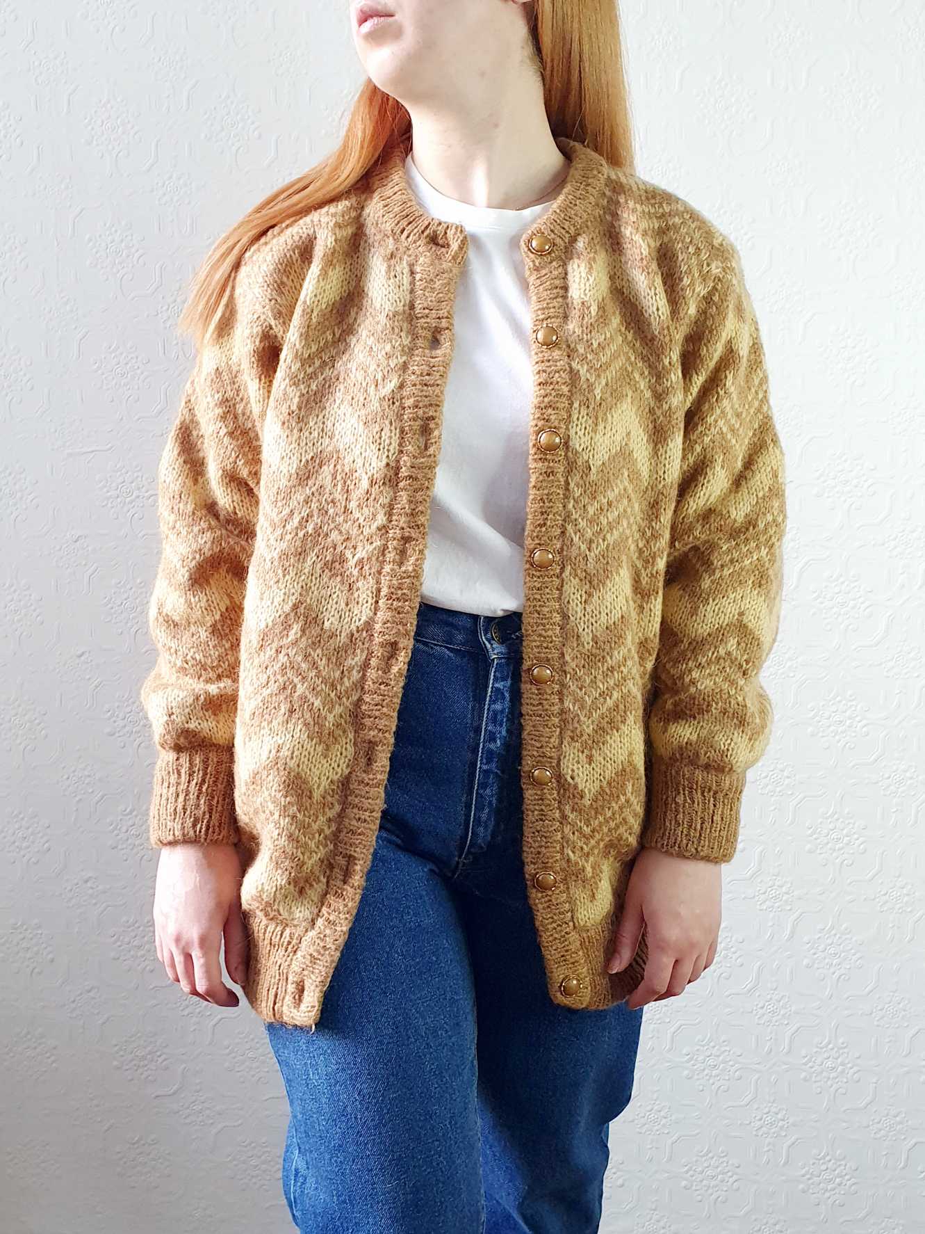 Vintage 80s Mustard Chevron Pattern Wool Cardigan - M - Image 2