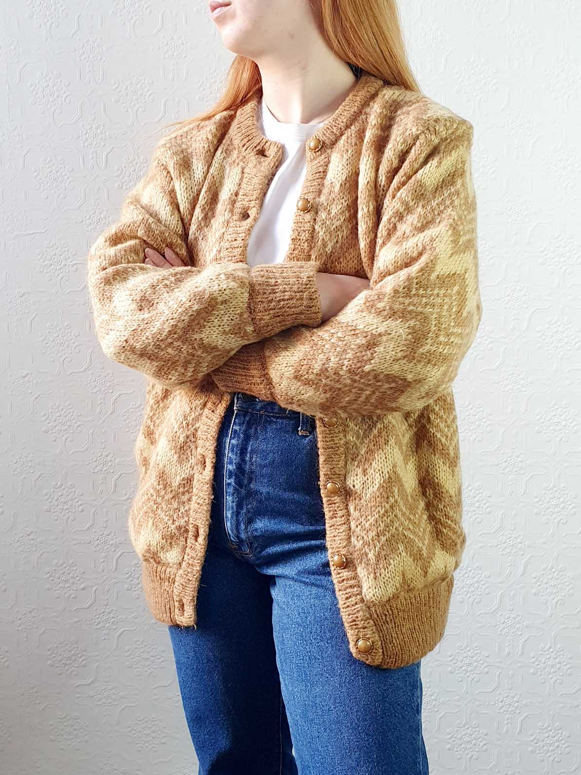 Vintage 80s Mustard Chevron Pattern Wool Cardigan - M - Image 4