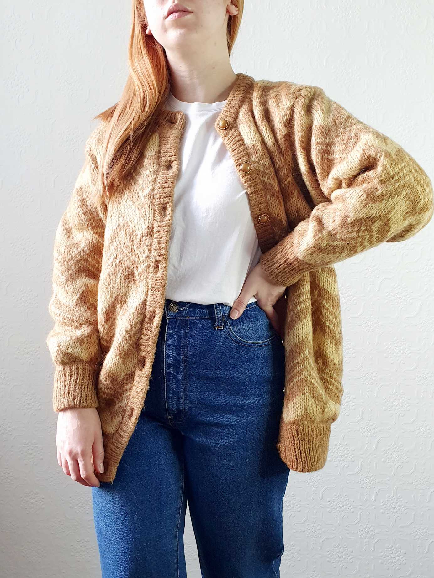 Vintage 80s Mustard Chevron Pattern Wool Cardigan - M - Image 5