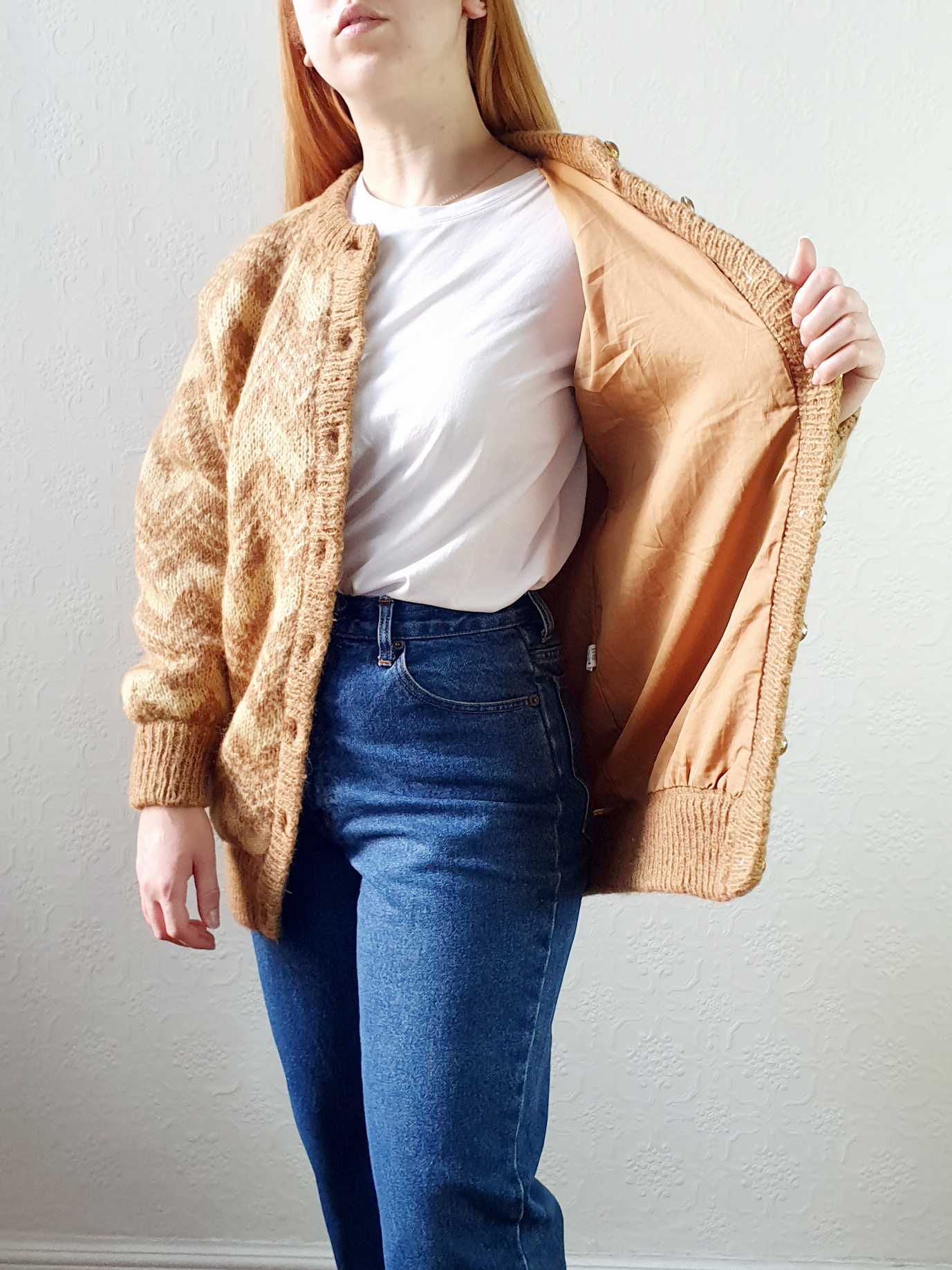 Vintage 80s Mustard Chevron Pattern Wool Cardigan - M - Image 6
