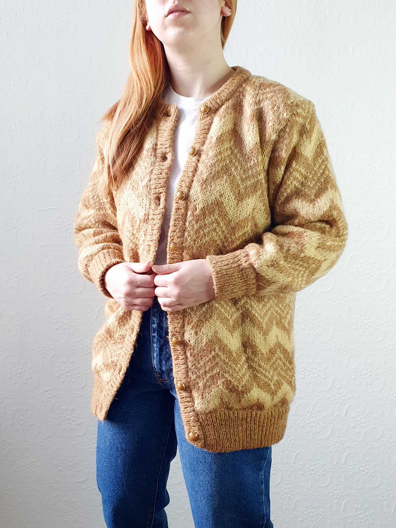 Vintage 80s Mustard Chevron Pattern Wool Cardigan - M - Image 7