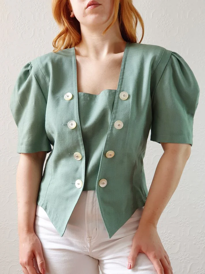 Vintage 80s Muted Green Puff Sleeve Blouse with Square Neckline - M - Image 2