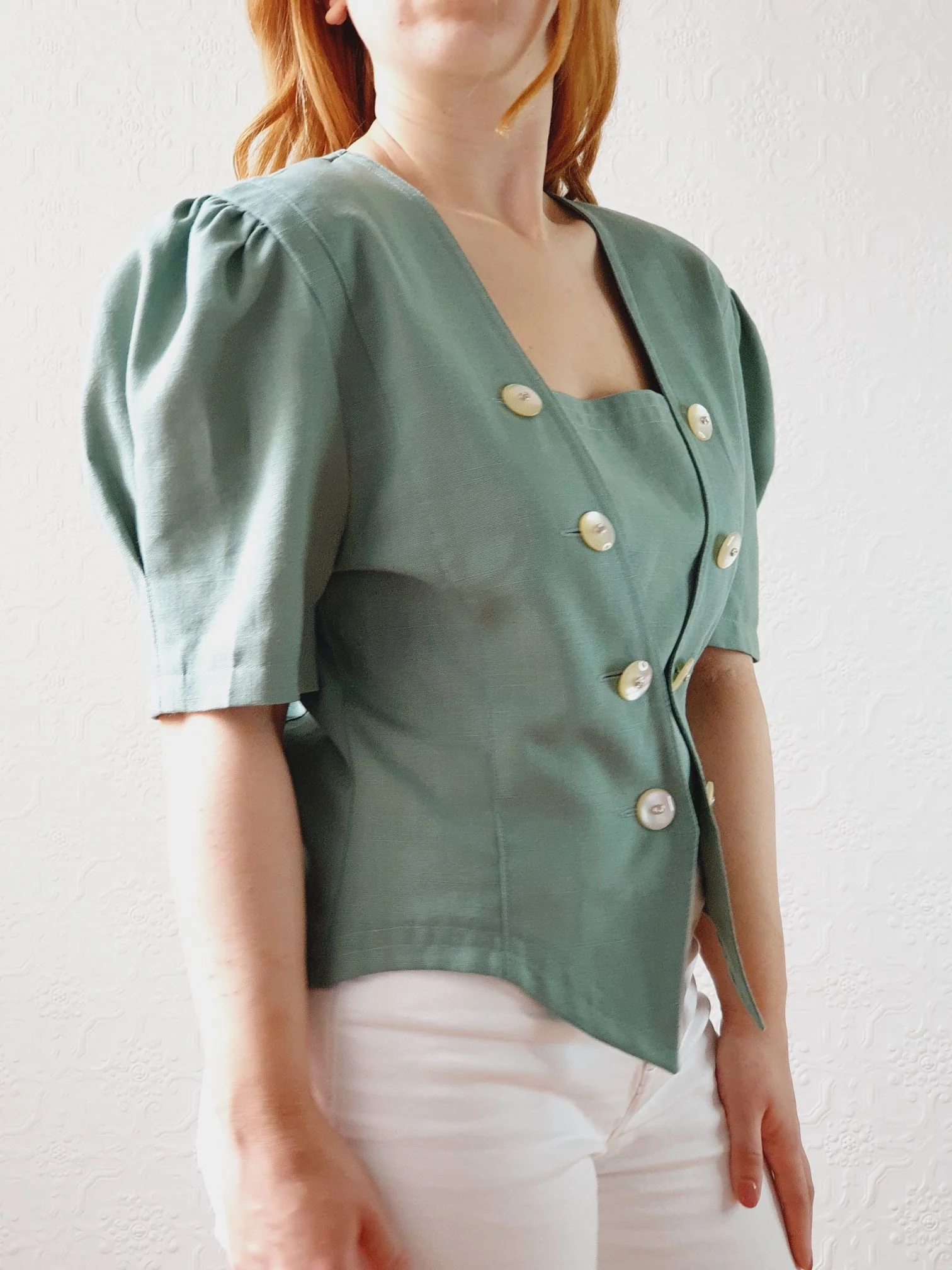 Vintage 80s Muted Green Puff Sleeve Blouse with Square Neckline - M - Image 3