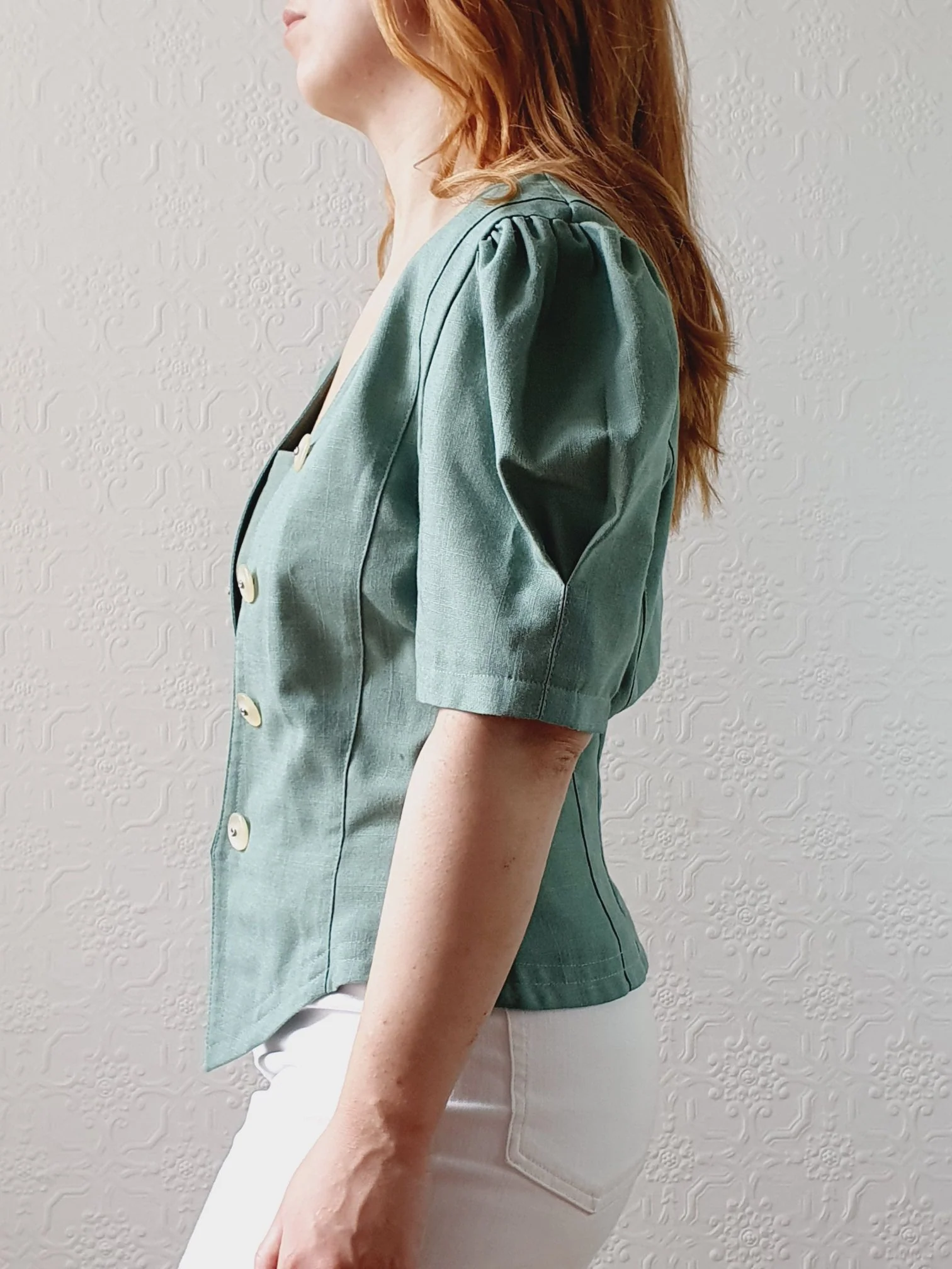 Vintage 80s Muted Green Puff Sleeve Blouse with Square Neckline - M - Image 5