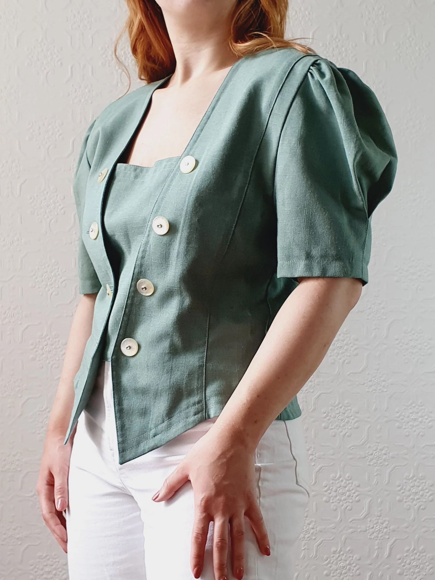 Vintage 80s Muted Green Puff Sleeve Blouse with Square Neckline - M - Image 6