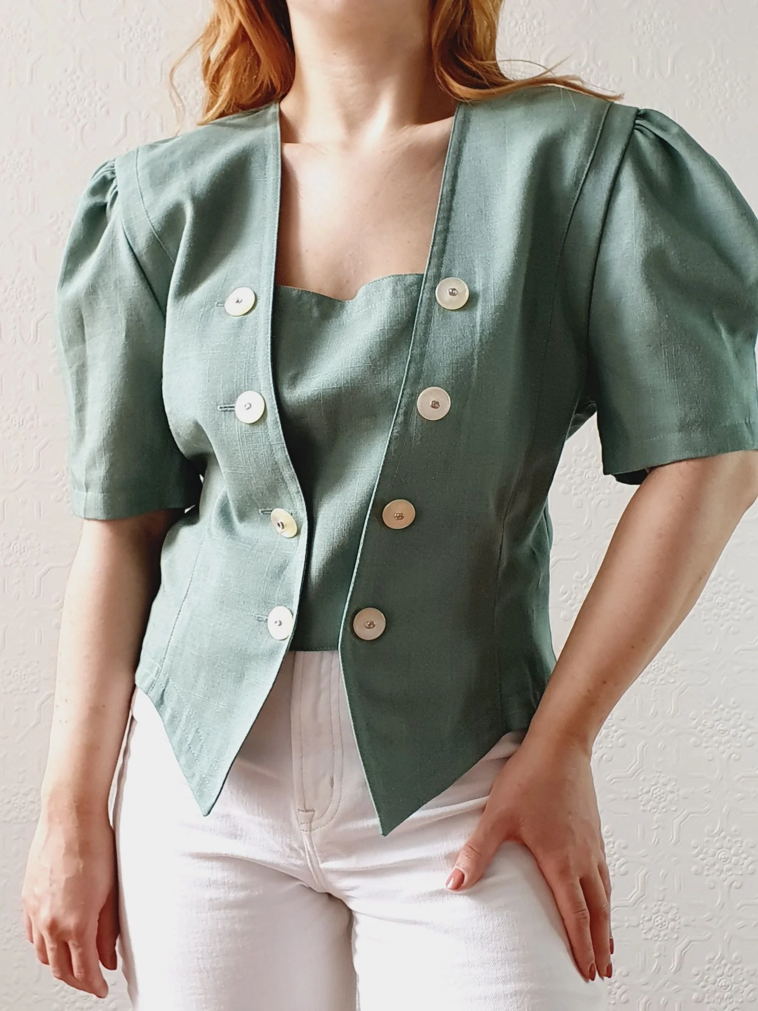 Vintage 80s Muted Green Puff Sleeve Blouse with Square Neckline - M - Image 7
