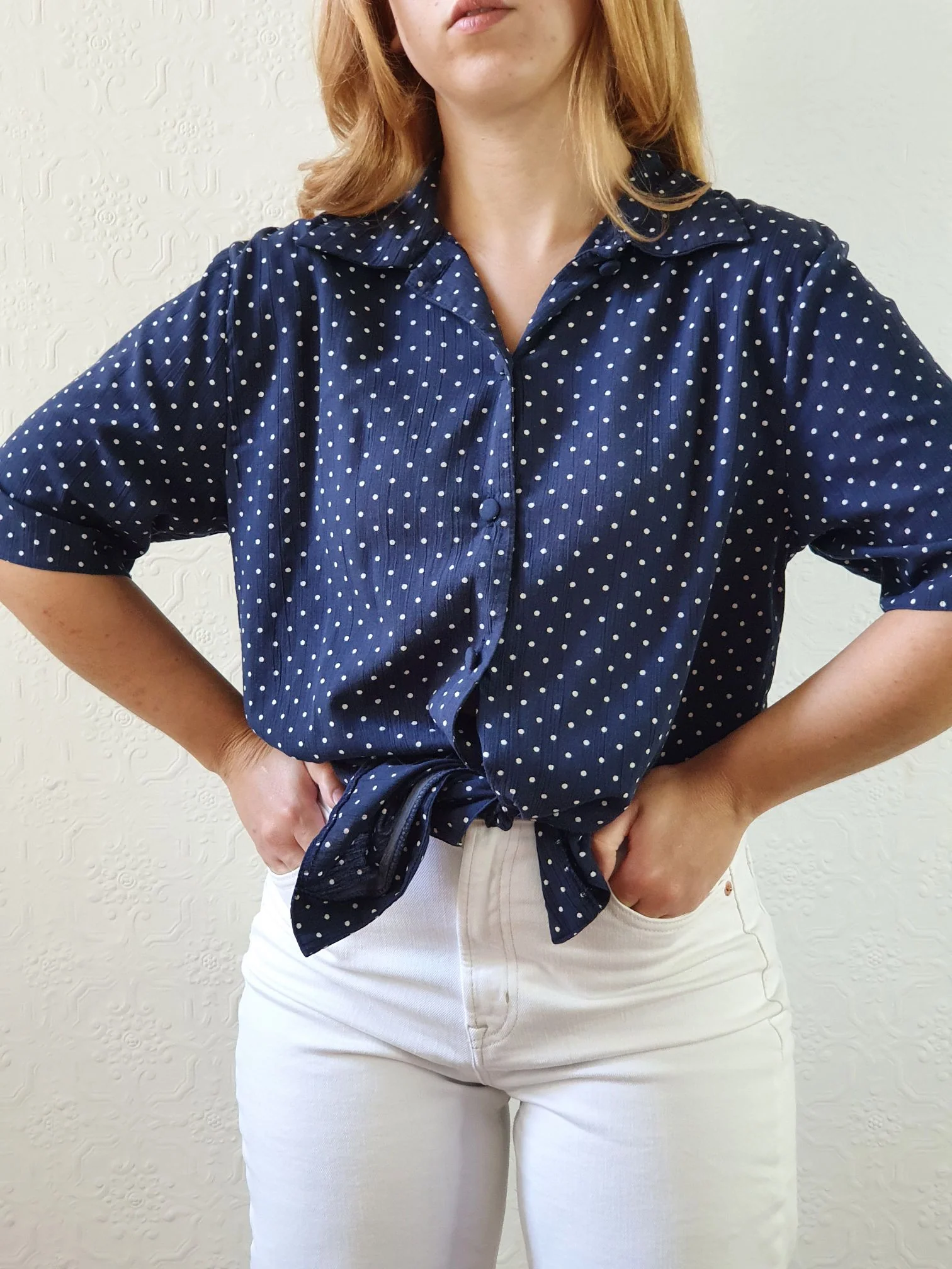 Vintage 80s Navy Blue Polka Dot Blouse - M
